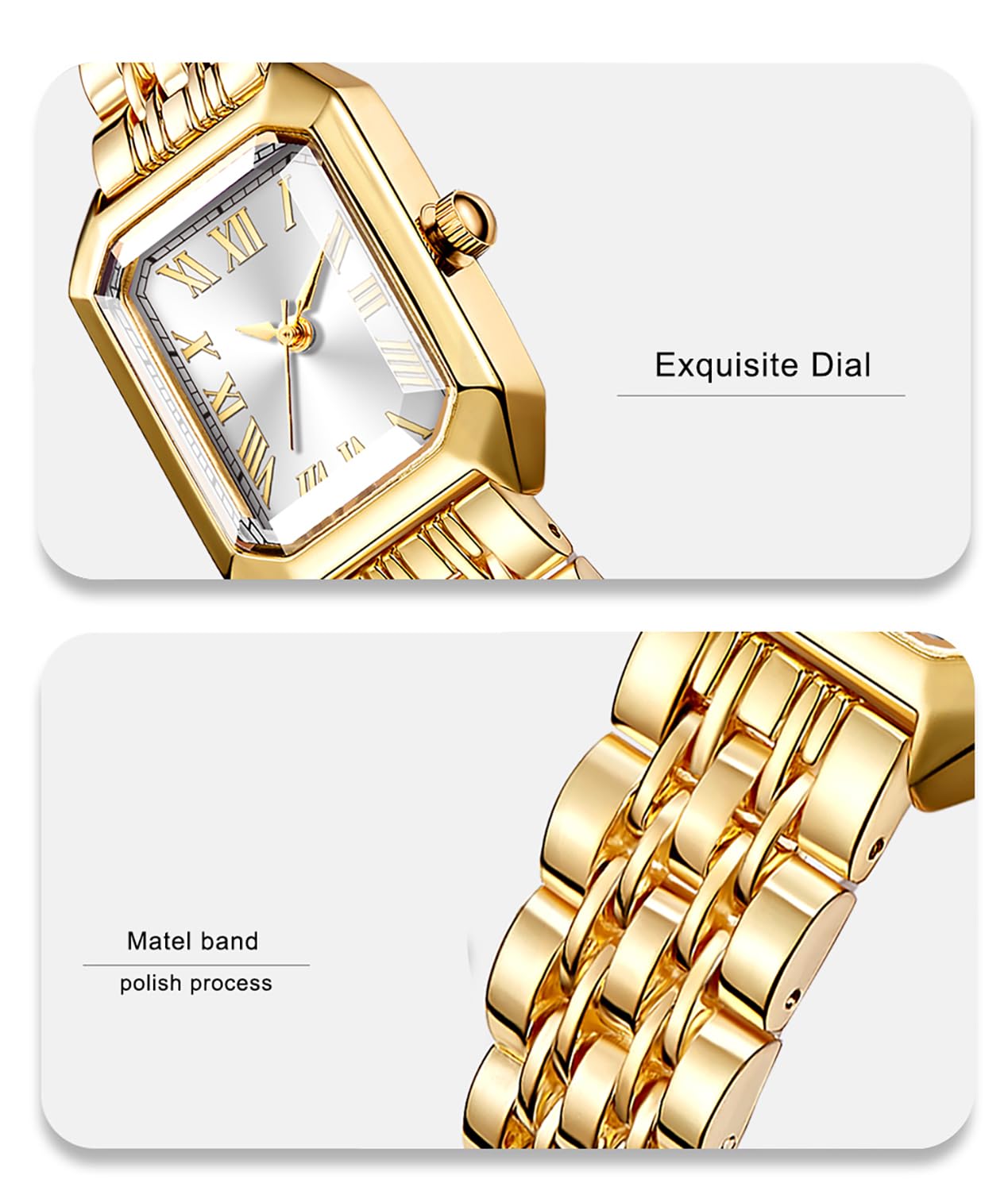BESTKANG Vintage Gold Roman Numeral Watch for Women, Rectangular Alloy Bracelet, 3ATM Waterproof Quartz Movement with Tools (Gold Green)