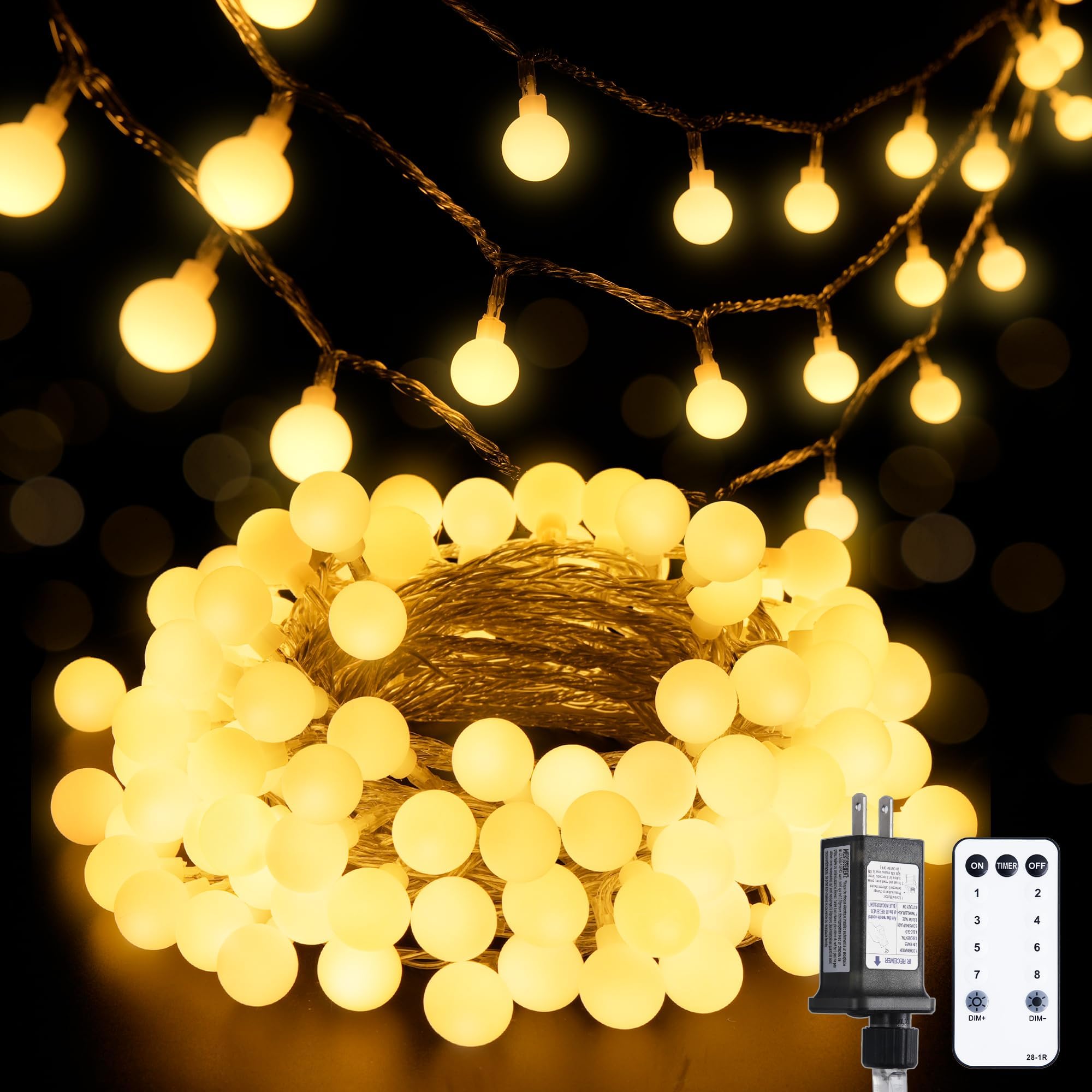 JMEXSUSS 100 LED Connectable Globe String Lights Indoor Bedroom, 33ft Warm White Christmas Lights with Remote Plug in, 8Mode Hanging Fairy Lights Outdoor Waterproof for Room Dorm Christmas Decorations