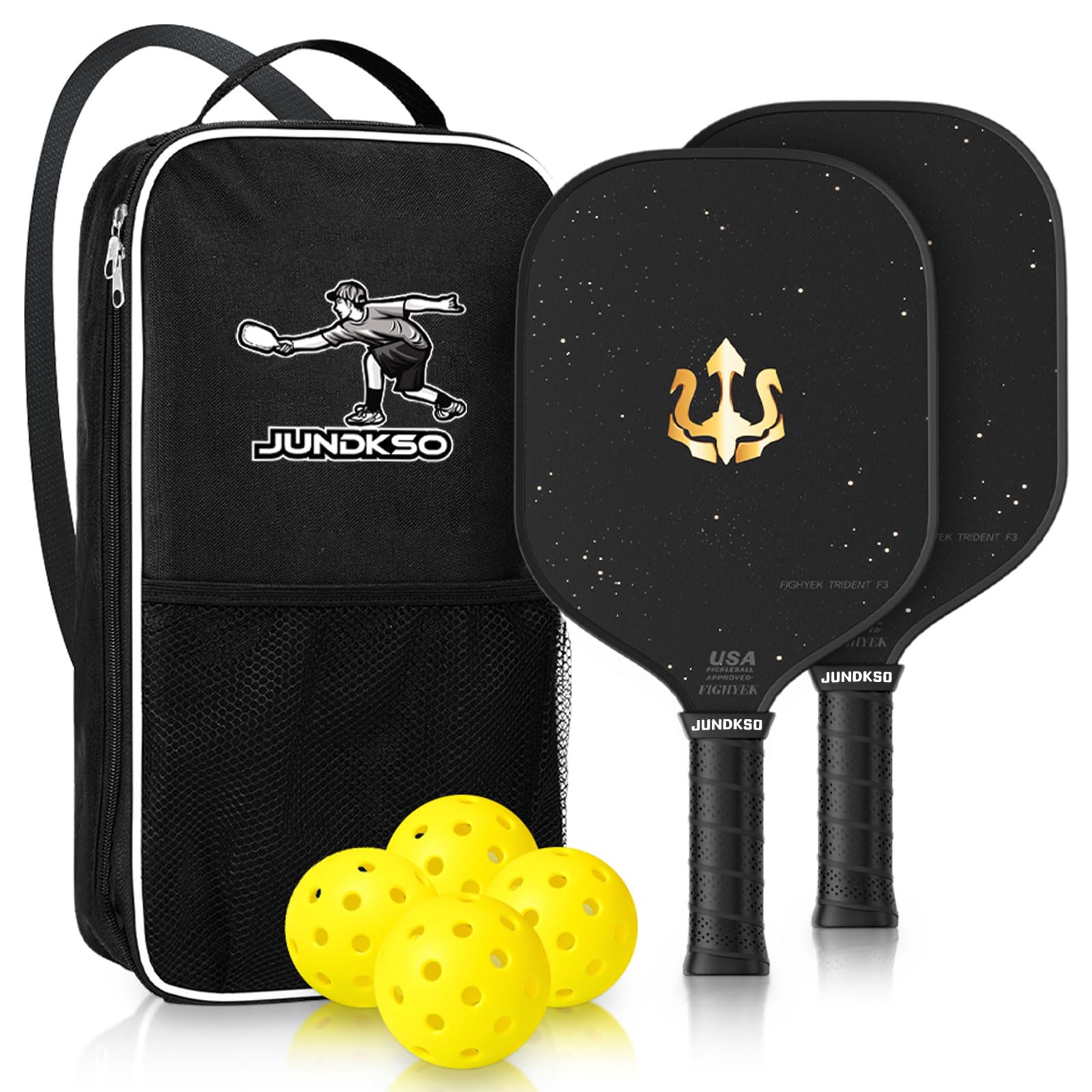 Pickleball Paddles Set of 2 Carbon Fiber Graphite Surface Pickleball Paddles, Cushion Comfort 4.8In Grip,Lightweight Racquets with 4 Pickle Balls 1 Table Tennis Bag-Black