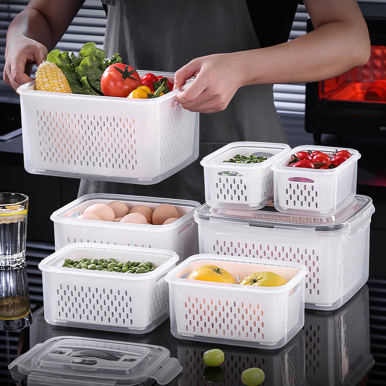 3 Pack Fruit Storage Containers for Fridge with Removable Colanders,Handle design Storage Containers with ventilation port - Dishwasher safe Produce Containers Keep Fruits Vegetables Berry Fresh longe