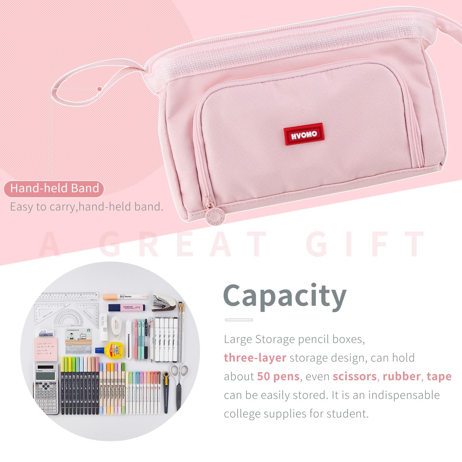HVOMO Pencil Case Large Capacity Pencil Pouch Handheld Pen Bag Cosmetic Portable Gift for Office School Teen Girl Boy Men Women Adult (Pink)