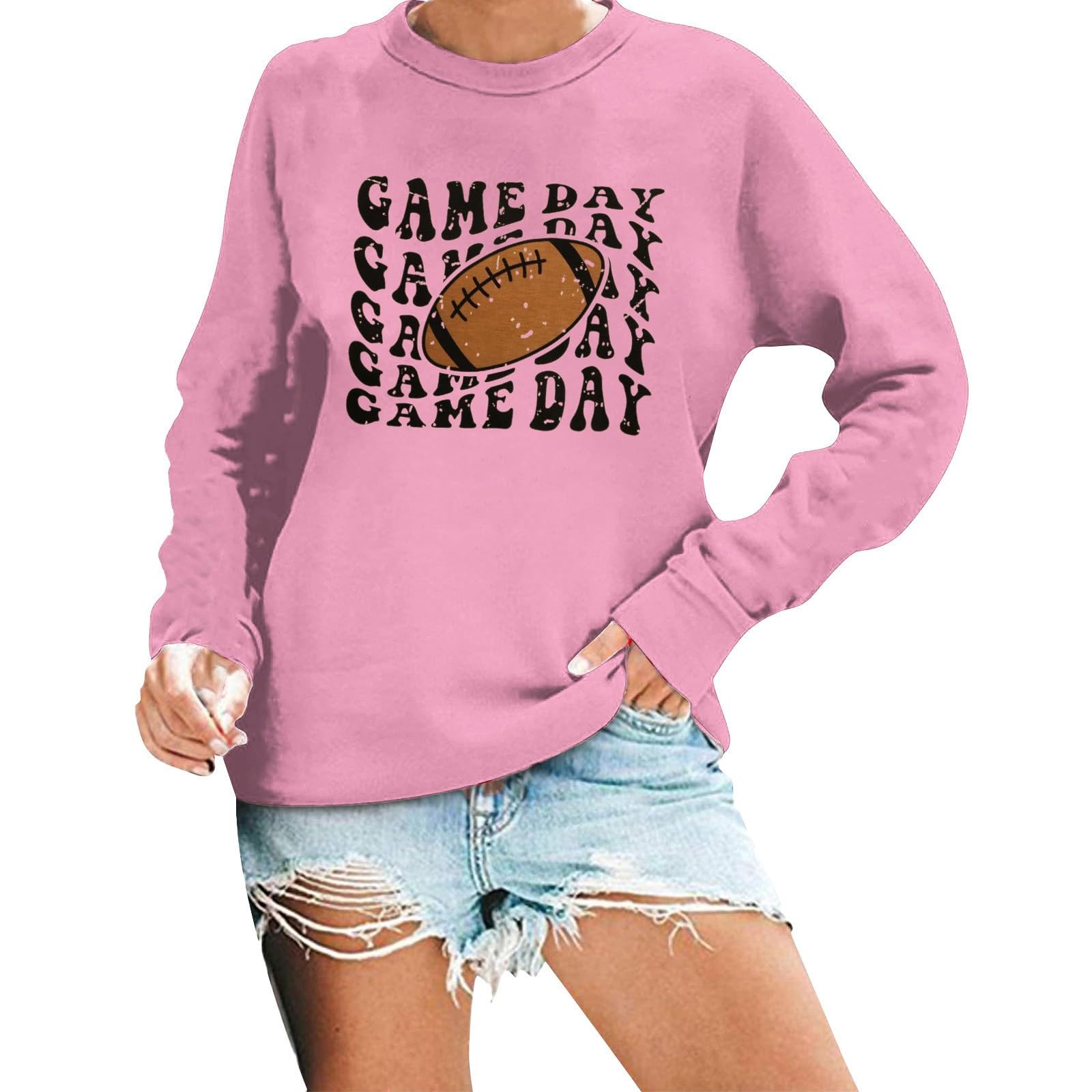 saved for later items thanksgiving Game Day Sweatshirt Women Football Season Game Day Letter Print Pullover Sweatshirt Crewneck Long Sleeve Casual Tops Pink-g XX-Large