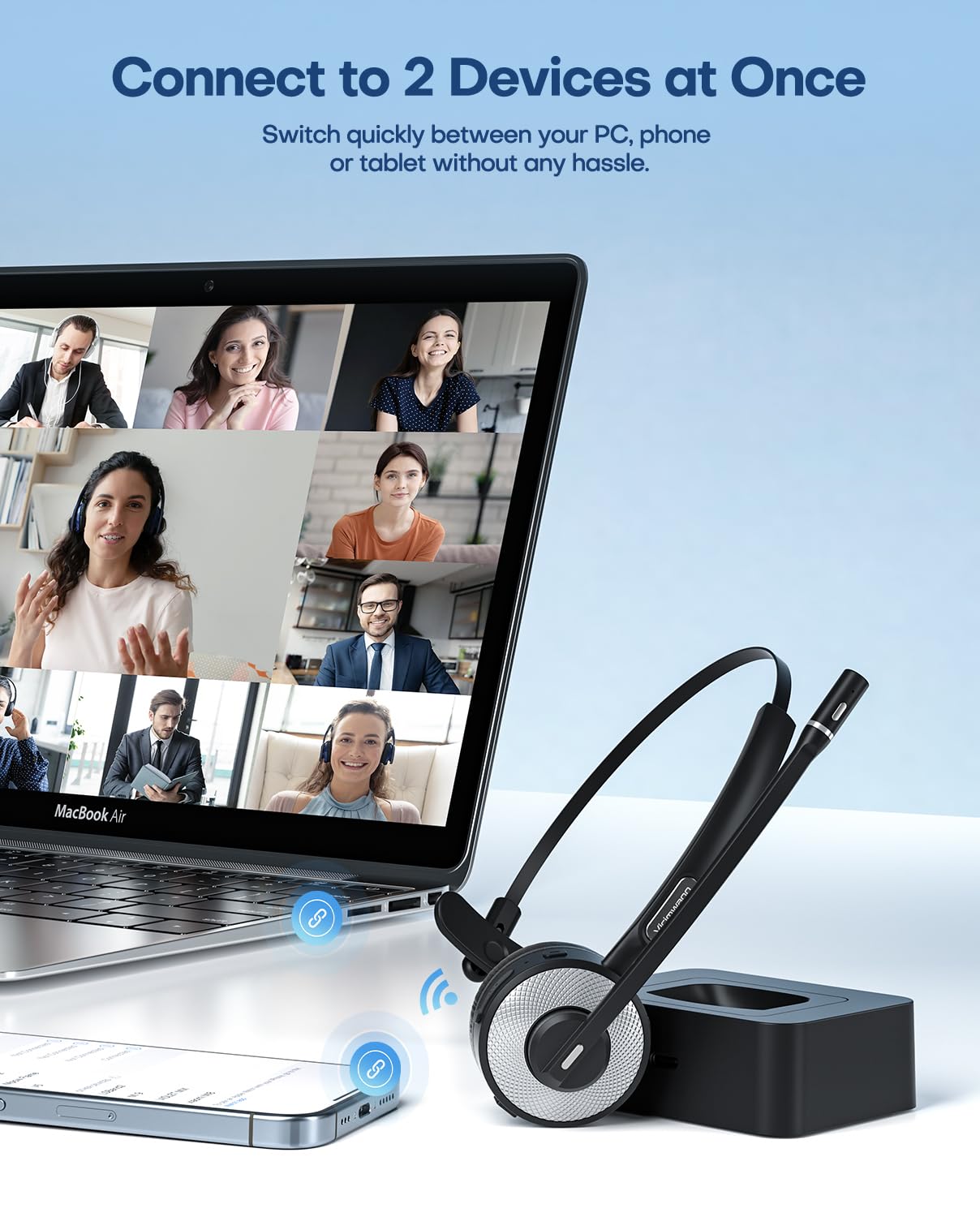 Bluetooth Headset, Wireless Headset with Mic for Work, Computer Headset with Microphone for PC, Bluetooth V5.3 Lightweight Headset with Noise Cancelling Mic, Mute Button, Multipoint, and Charging Base