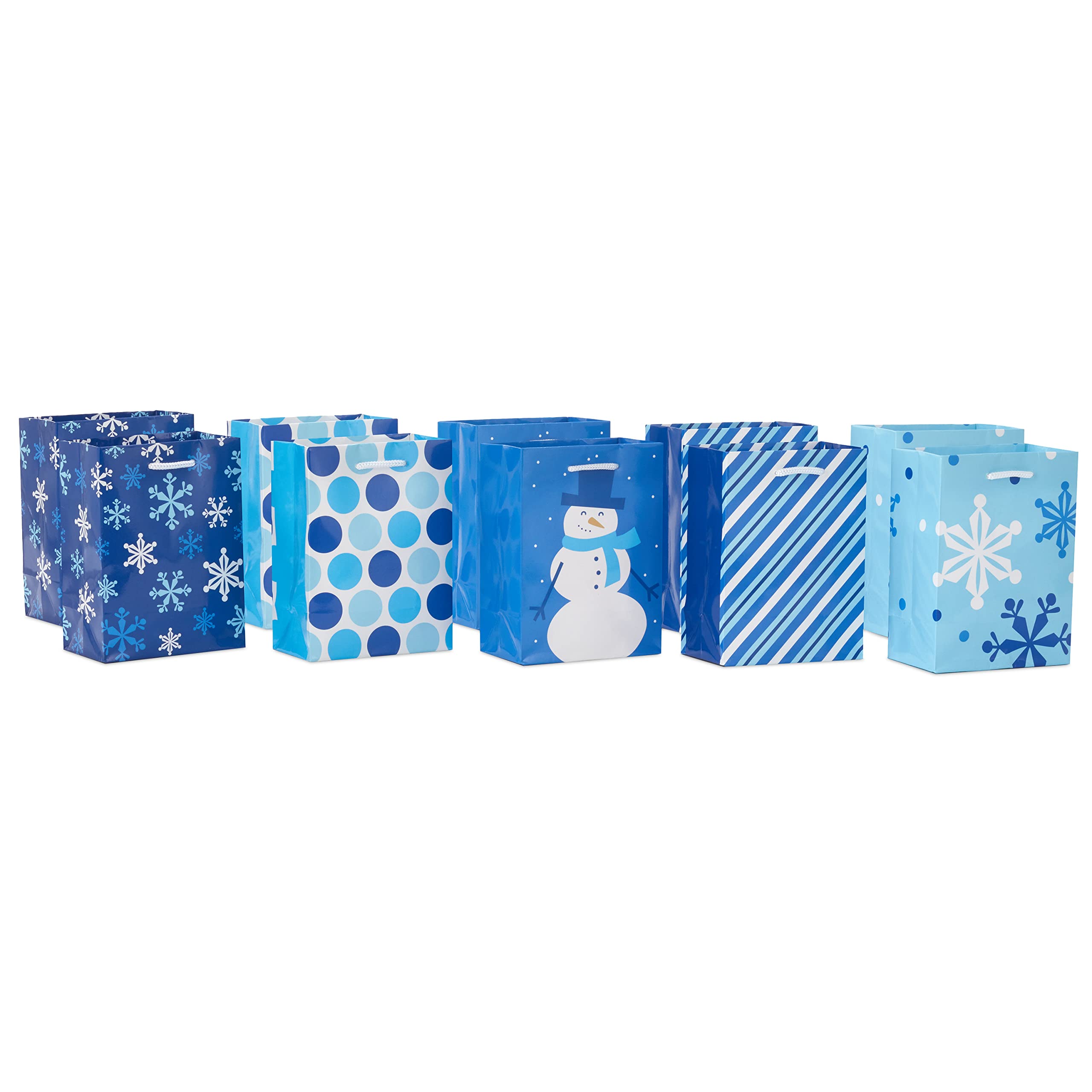 Image Arts 5" Small Gift Bags Bulk (10 Blue and White Bags, Snowflakes, Stripes, Snowmen, Polka Dots) for Kids, Coworkers, Gift Cards, Party Favors