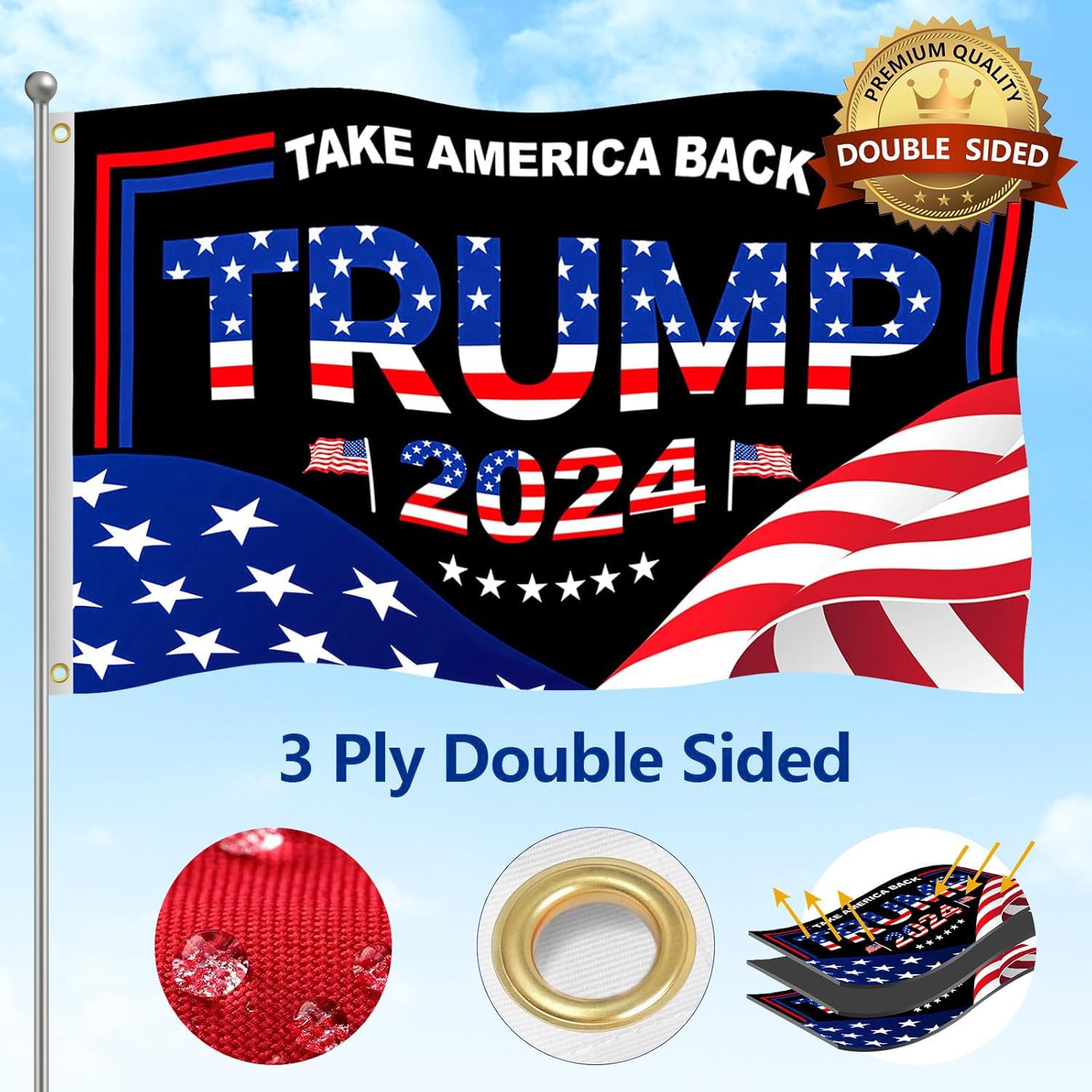 Trump 2024 Flag 3x5 FT President Trump Flag Take America Back Banner Indoor Outdoor Double Sided 3 Ply With Vivid Patriotic Colors Design UV & Fade Resistant 2 Brass Grommets