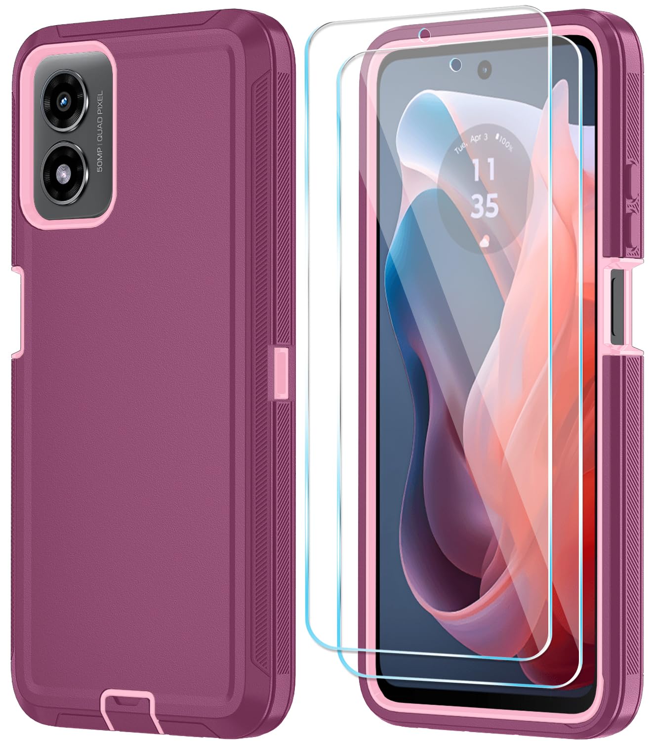 Qinmay Phone Case for Motorola Moto G Play 2024 4G Case with HD Screen Protector, Heavy Duty Shockproof & Dropproof 3-Layer Cover Phone Case for Moto G Play 2024 (WineRed Pink)