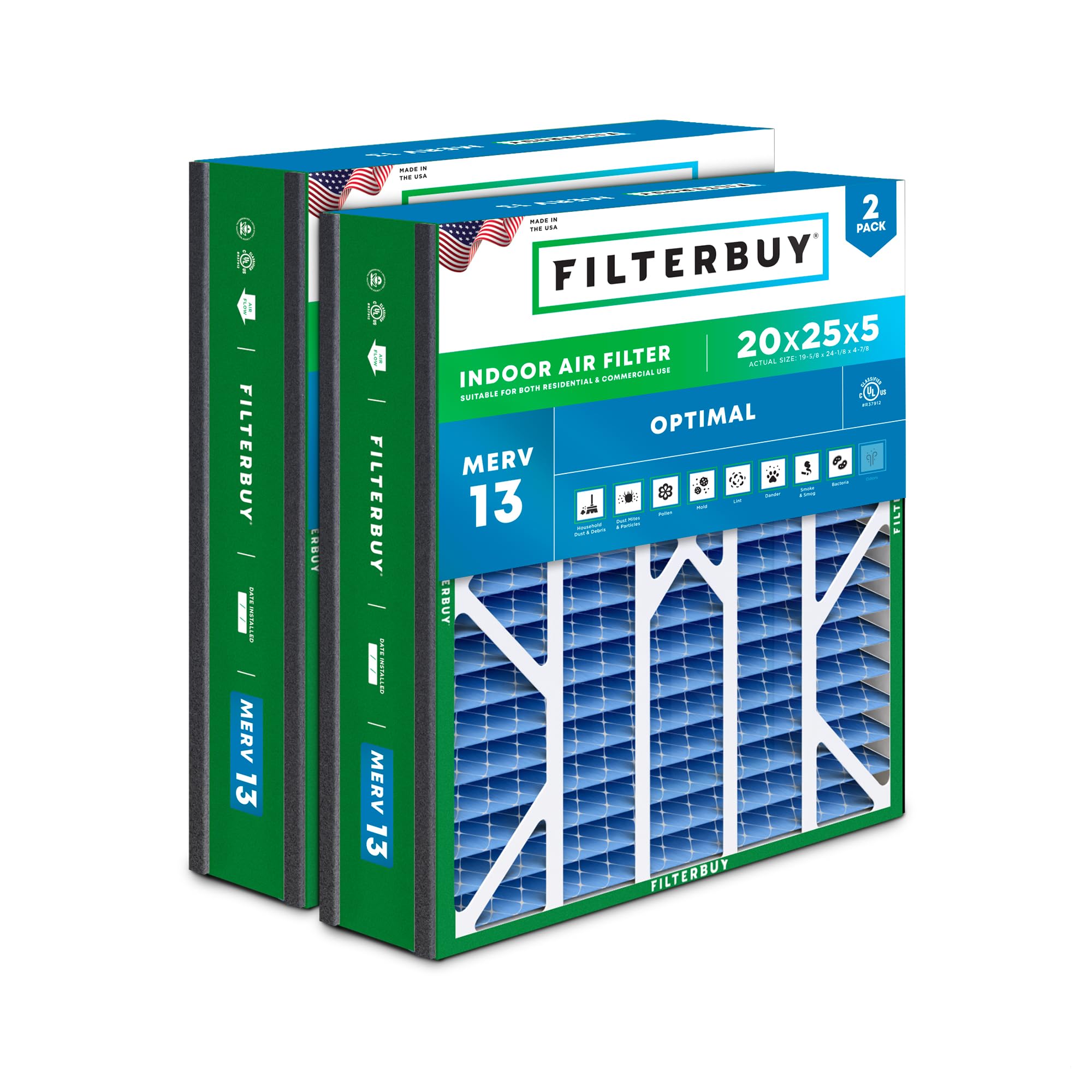 Filterbuy 20x25x5 Air Filter MERV 13 Optimal Defense (2-Pack), Pleated HVAC AC Furnace Air Filters for Trion Air Bear, Generalaire, Skuttle, and More (Actual Size: 19.63 x 24.13 x 4.88 Inches)