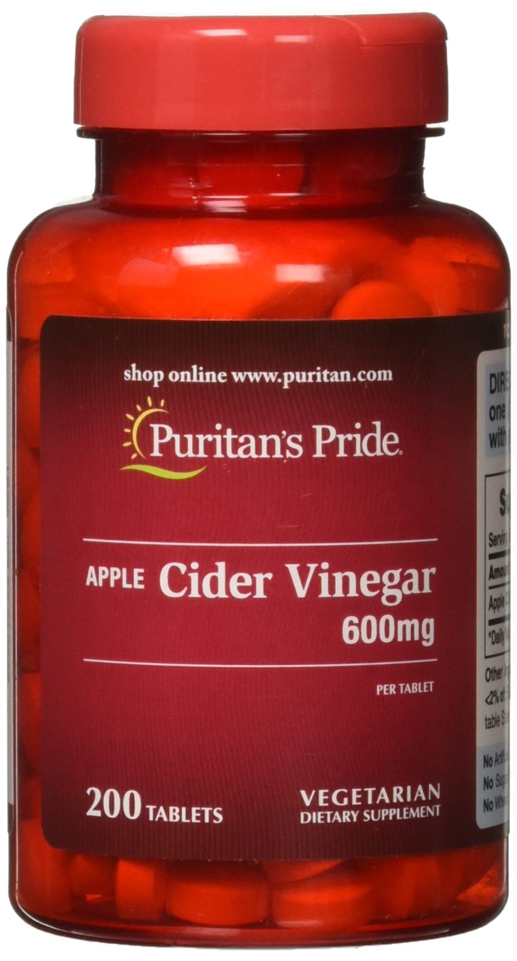 Puritan's Pride Apple Cider Vinegar 600 mg, Vegetarian Dietary Supplement, 6 Month Supply, 200 Tablets (Packing May Vary)