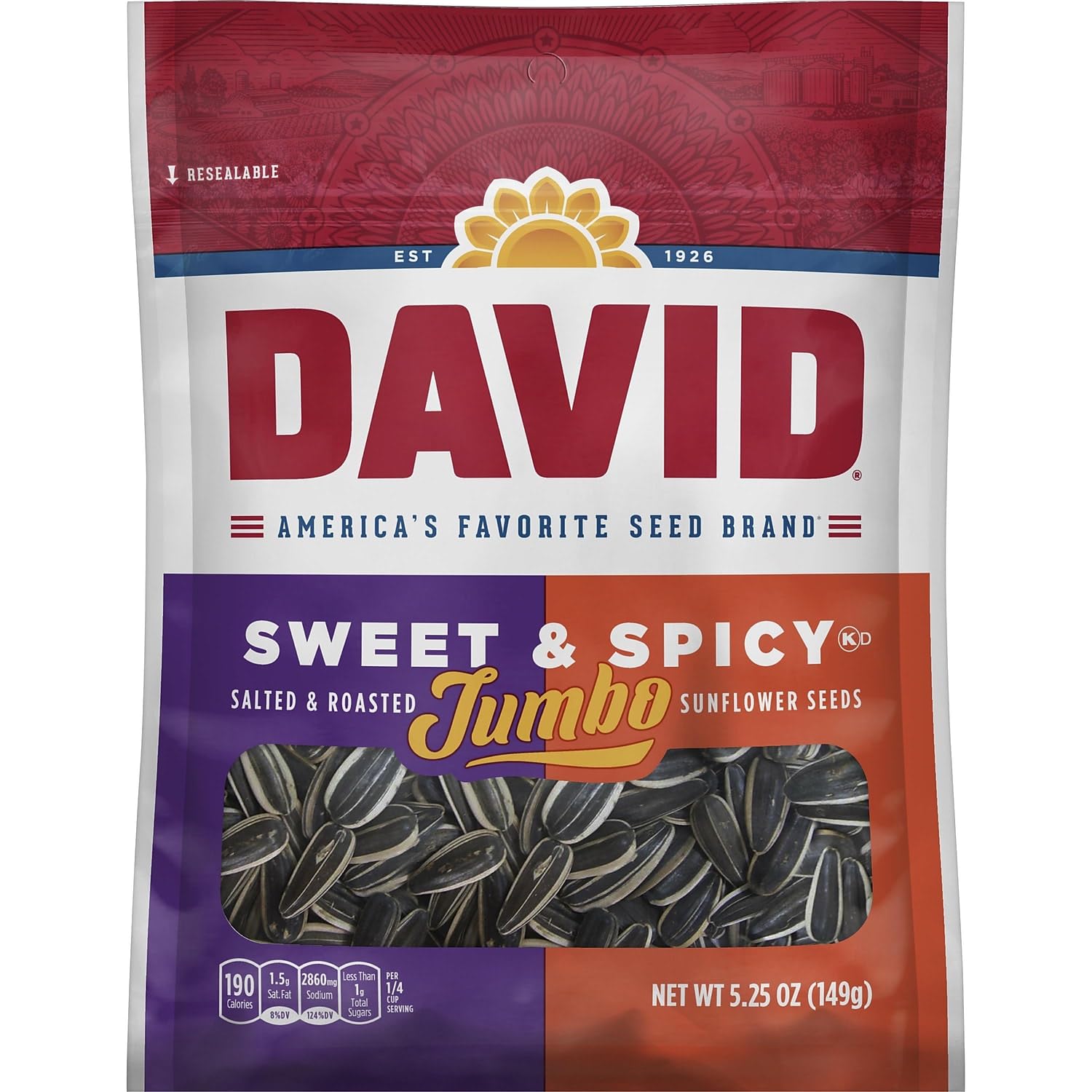 DAVID Seeds Sweet and Spicy Salted and Roasted Jumbo Sunflower Seeds, Keto Friendly Snack, 5.25 OZ Bags, 12 Pack