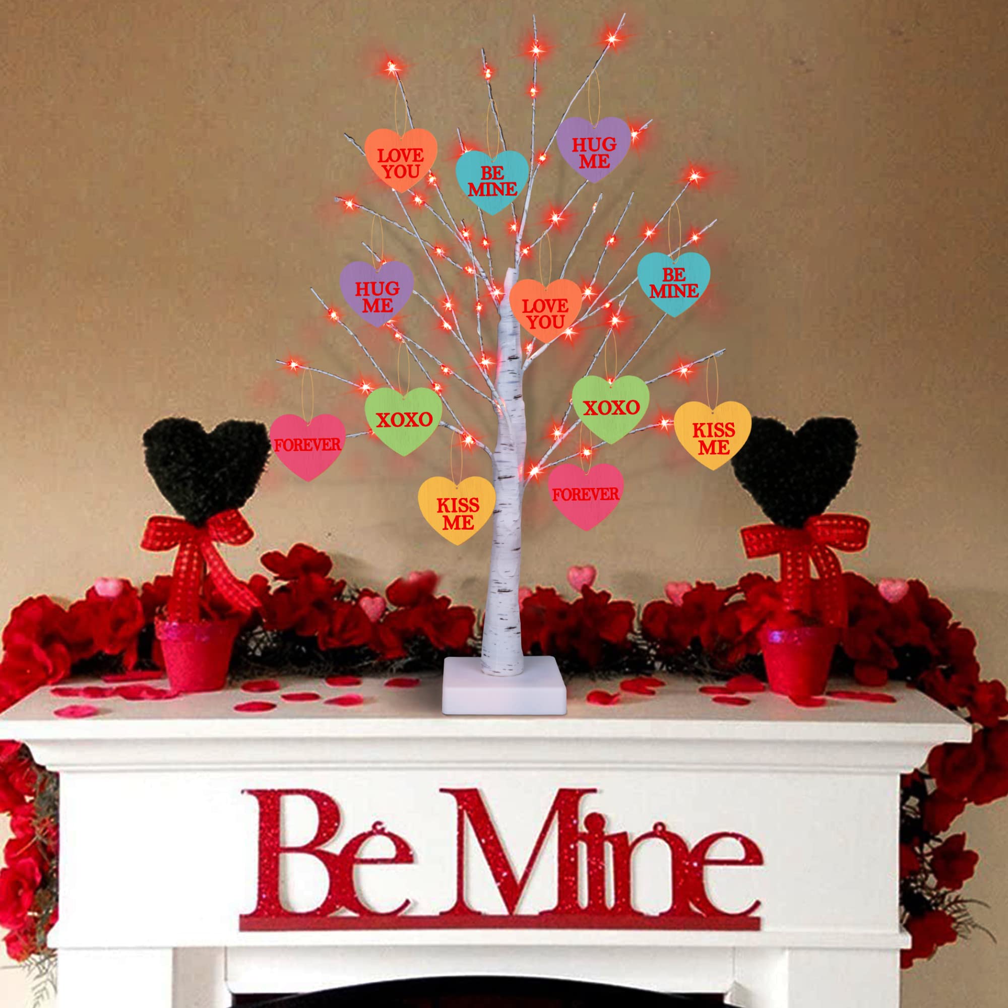 [Timer] Valentines Day Decoration 24 Inch Valentines Decor Tree Light with 12 Heart Ornaments, USB/Battery Operated Valentines Day Decor Lighted Tree, Valentines Day Decorations for Home Table Bedroom