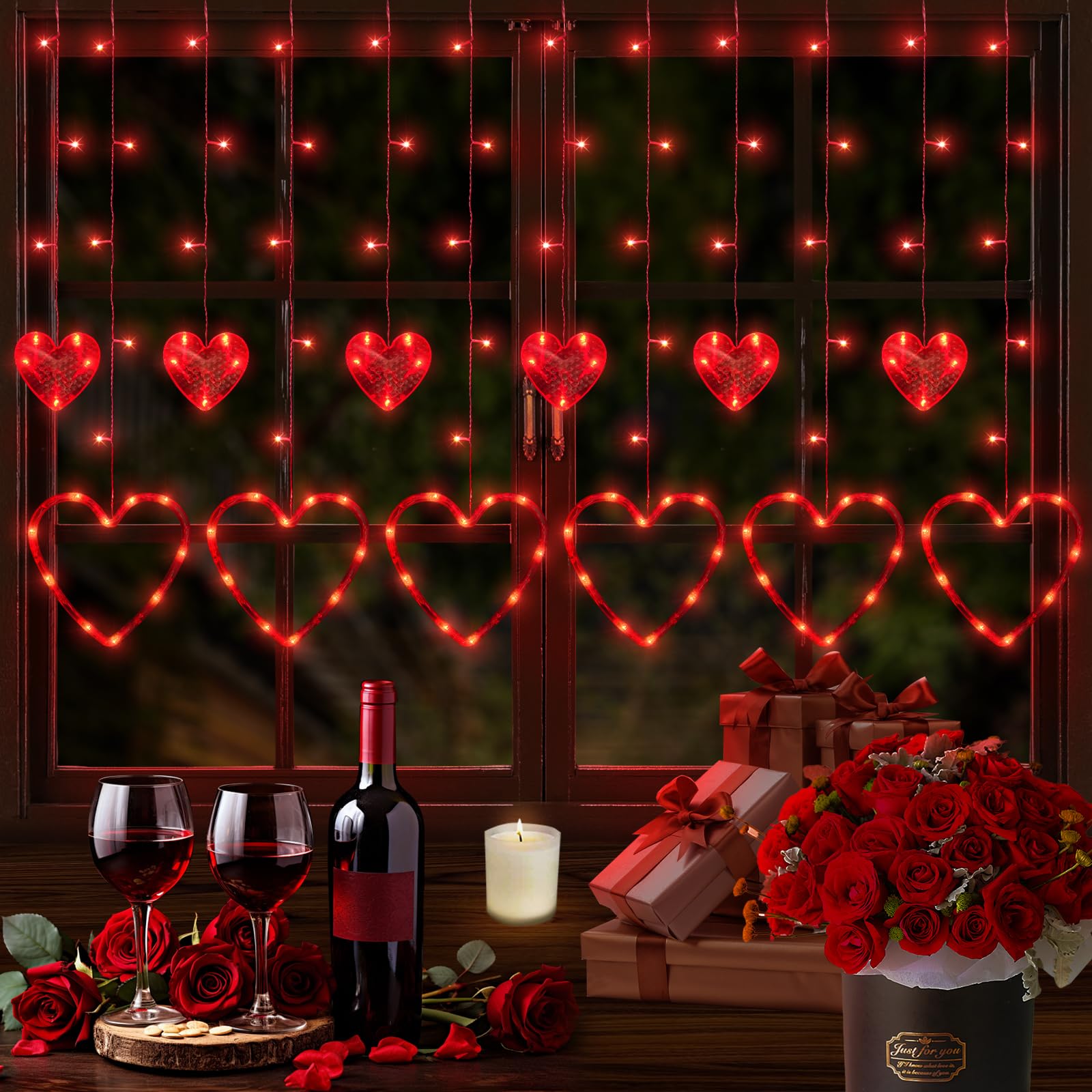 Valentines Day Decor, 138LED 12 Hearts Curtain Lights for Bedroom, Window Lights with Remote 8 Modes, USB and Battery Powered Valentines Lights for Wedding Birthday Anniversaries Party Decor (Red)