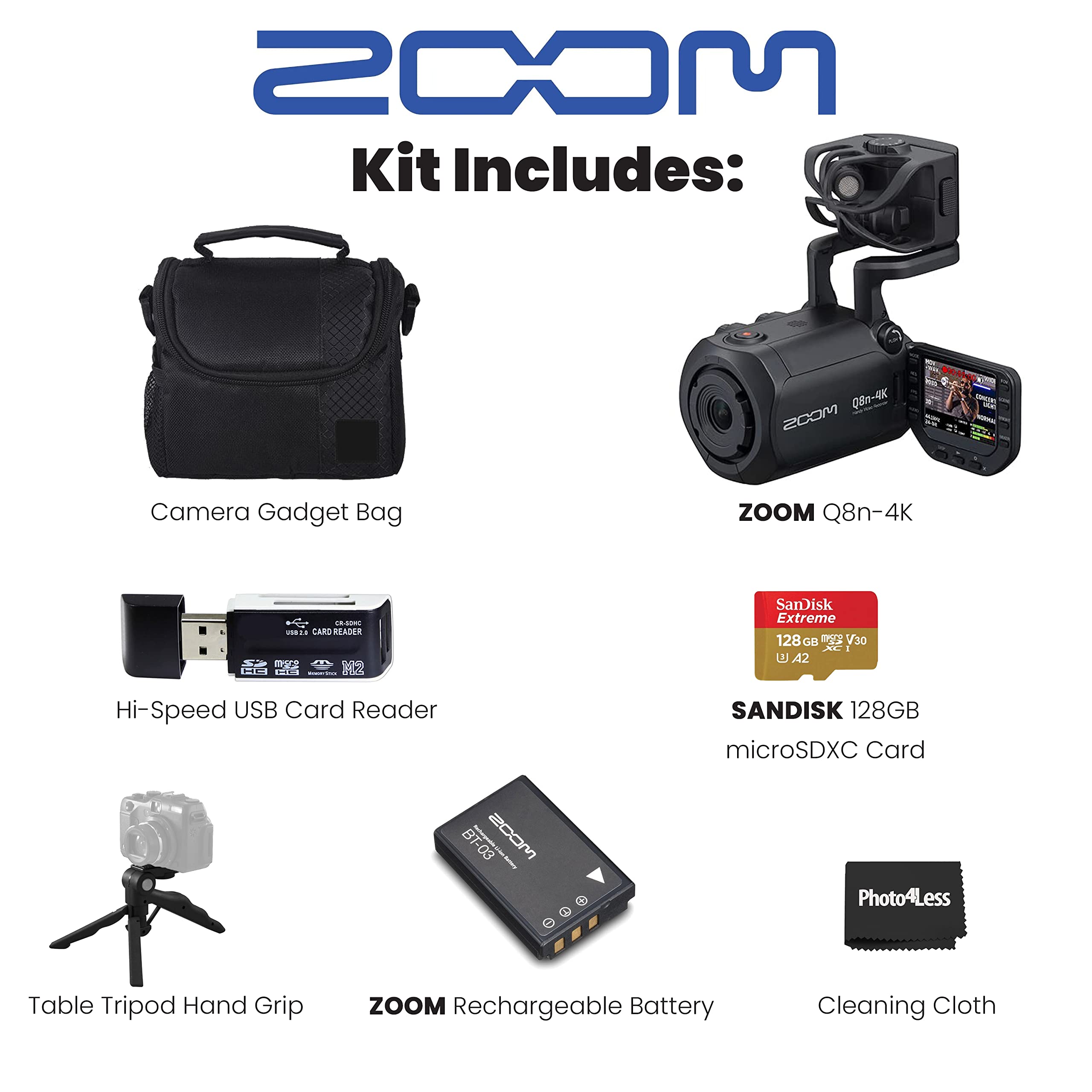 Zoom Q8n-4K Ultra High Definition Handy Video Recorder, Four Tracks of Audio Recording, for Record/Streaming Music, Podcasts + 128GB microSDXC Memory Card + Rechargeable Battery + Accessories – Bundle