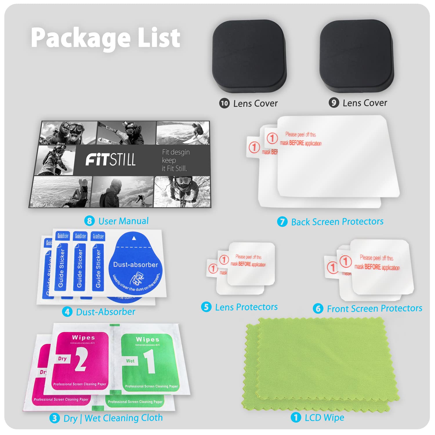 FiTSTILL 10PCS Screen Protector for Go Pro Hero 12/Hero 11/Hero 10/Hero 9 Black,3 Pack Ultra lear Tempered Glass Screen protector+1pcs Rubber Lens Protective cover Accessories Kit