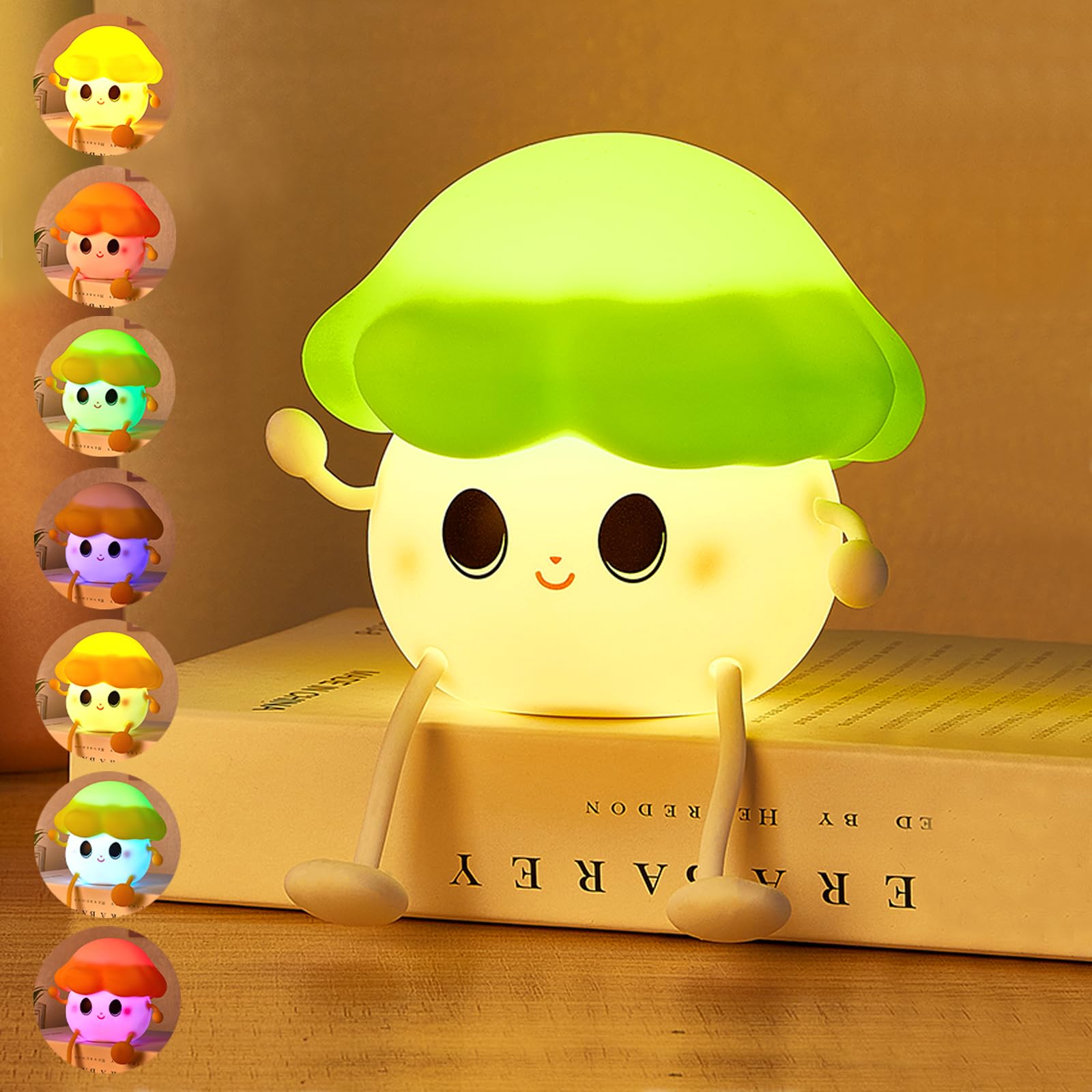 Mushroom Night Light for Kids, Cute Silicone Night Light, 7 Adjustable Color Breathing Mushroom Lamp, Rechargeable USB LED Touch Light for Children's Room Decor, Christmas Birthday Gift (Green)