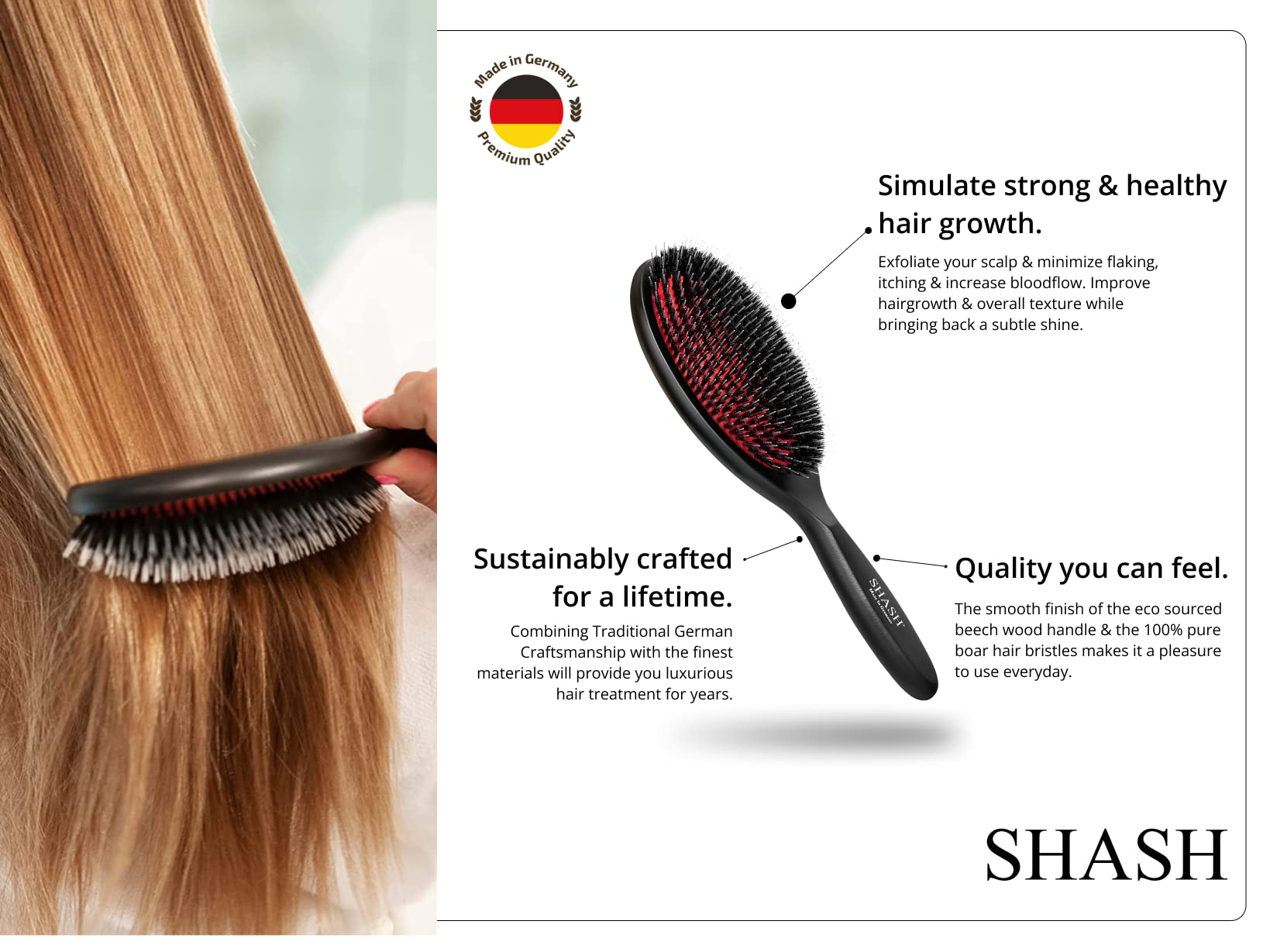 Since 1869 Hand Made In Germany - Nylon Boar Bristle Brush Suitable For Normal to Thick Hair - Gently Detangles, No Pulling or Split Ends - Softens and Improves Texture, Stimulates Scalp (Large)