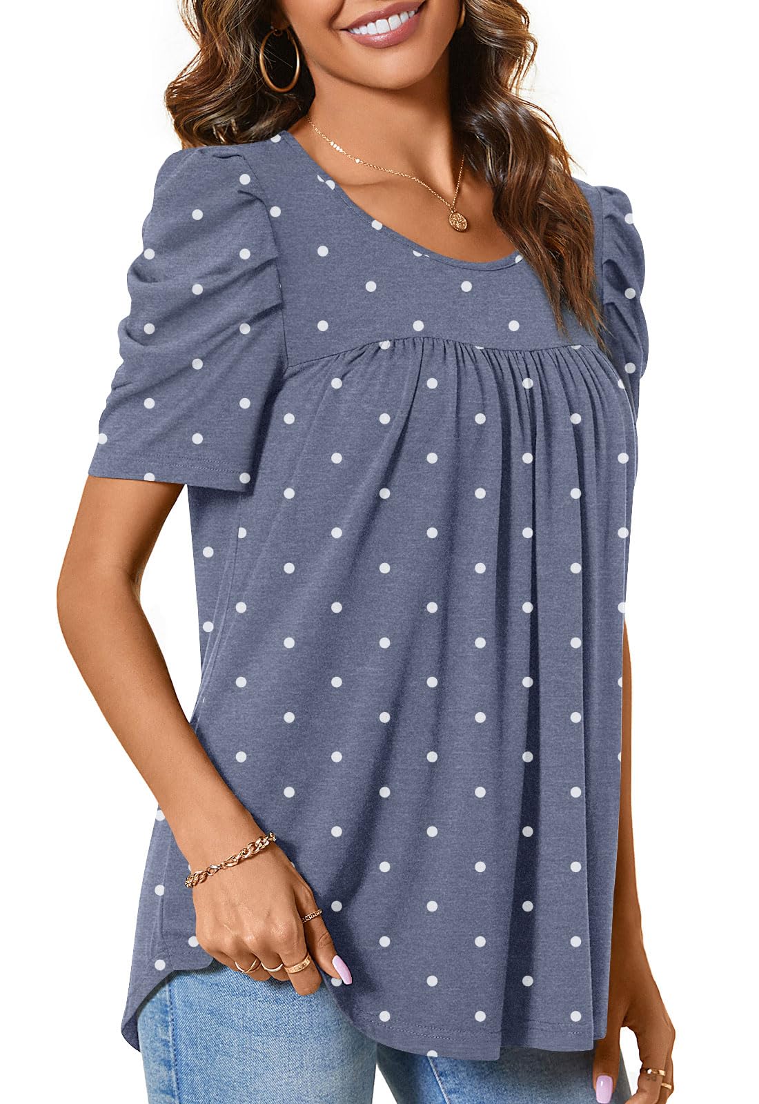 Anydeer Women Tunic Top Summer Short Puff Sleeve Chest Pleated Tshirts Casual Round Neck Blouse Loose Tee, M, Crew Short Dotted Navy Blue