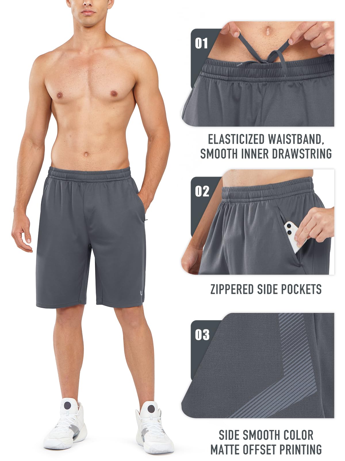 NORTHYARD Men's 10" Athletic Basketball Shorts with Zipper Pockets Quick Dry Lightweight Running Workout Gym Tennis Shorts SMOKEGREY 3XL