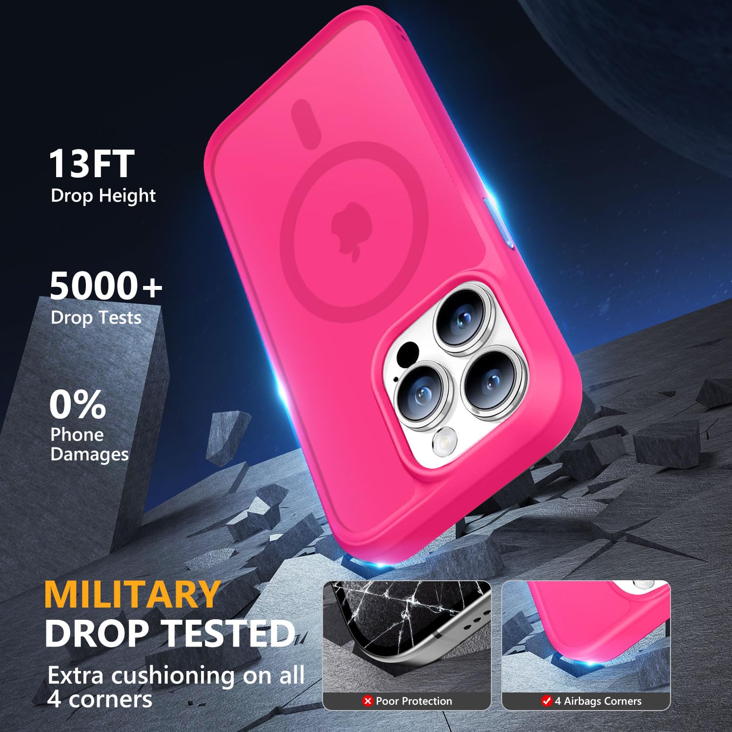 MOCCA Strong Magnetic for iPhone 15 Pro Case, [Compatible with Magsafe][13FT Military Drop Protection] Slim Translucent Matte Shockproof Case for iPhone 15 Pro Phone Case 6.1'', Hot Pink