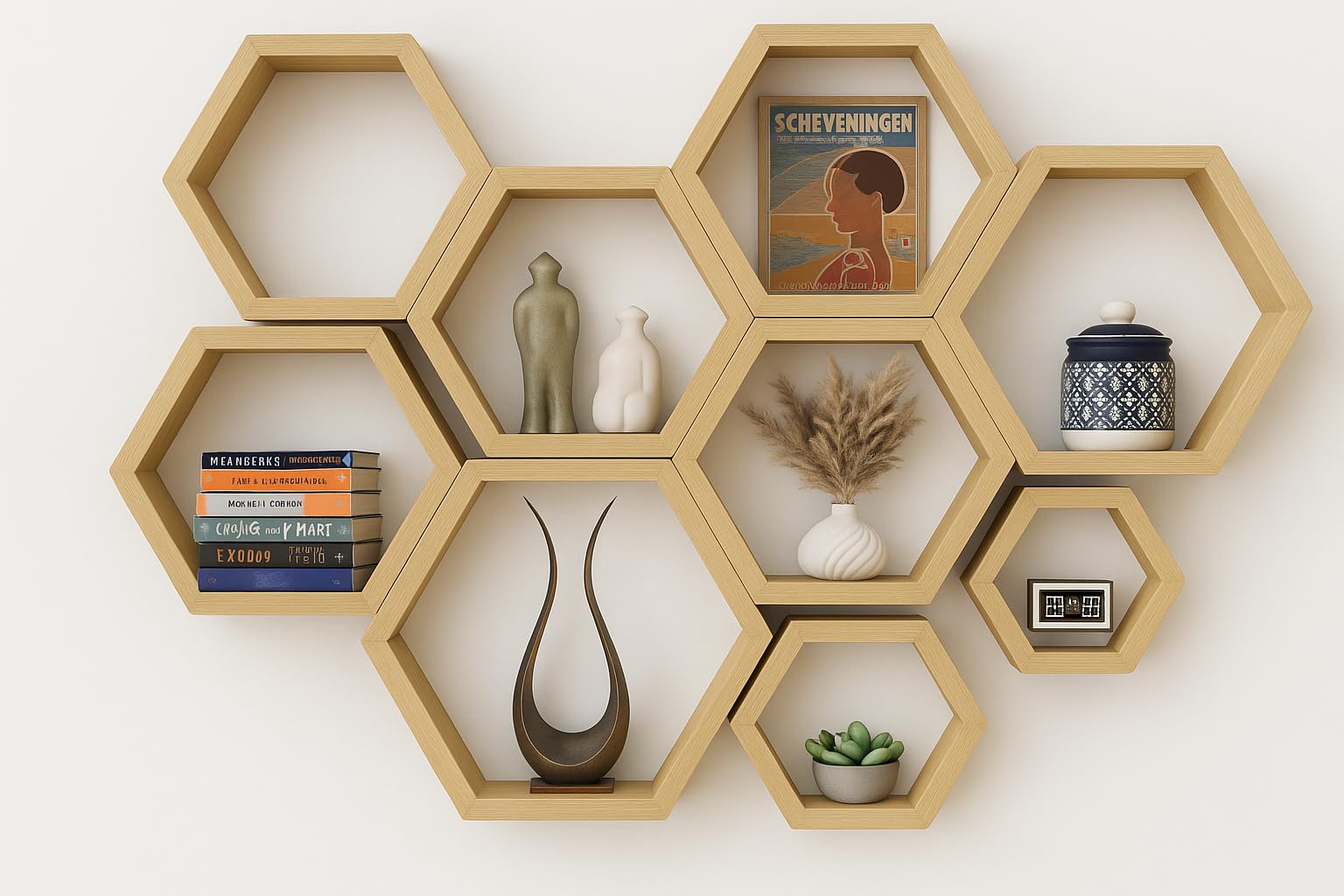 Decovate Hexagon Floating Shelves Set of 8 Honeycomb Shelves for Wall, Wooden Hexagon Shelves for Farmhouse Storage, Sturdy Elegant & Geometric octagon shelf for office, Kids, DIY & Hallway Wall Décor