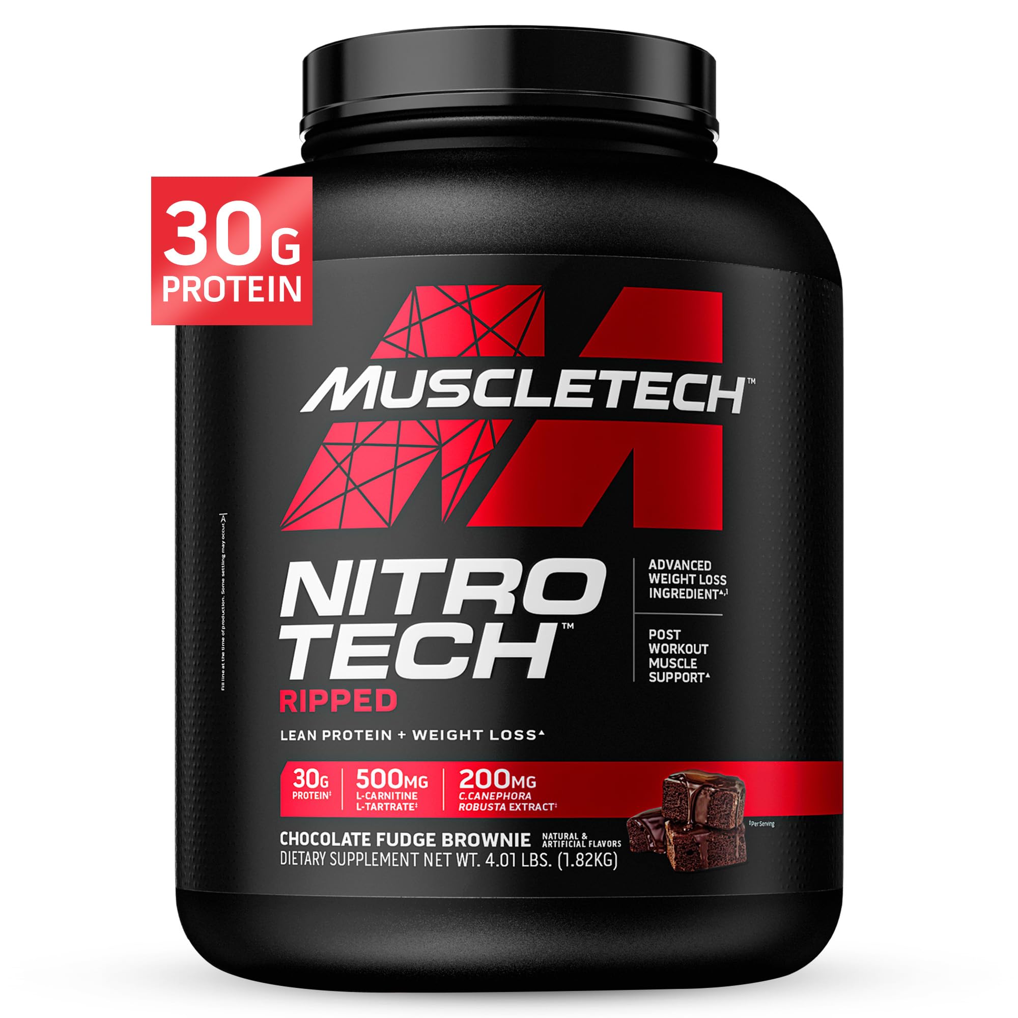 Muscletech Whey Protein Powder (Chocolate Fudge Brownie, 4LB) - Nitro-Tech Ripped Whey Protein Isolate & Peptides Smoothie Mix for Lean Muscle & Fast Recovery - 30g of Whey Protein for Women & Men