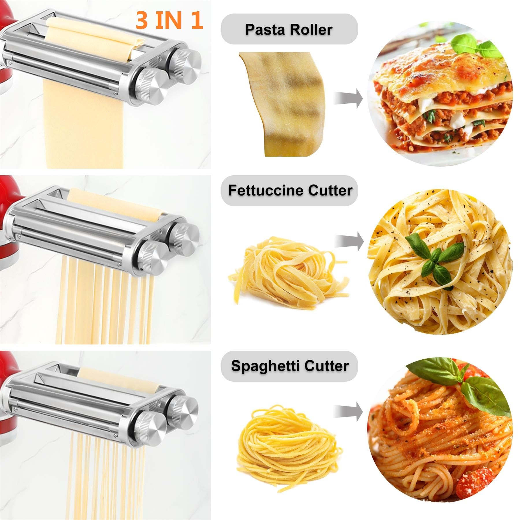 FavorKit Pasta Maker Attachment 3 in 1 Set Compatible for KitchenAid Mixers Plus Hub Knob Screw Accessory Included Pasta Sheet Roller, Spaghetti Cutter, Fettuccine Cutter and Cleaning Brush