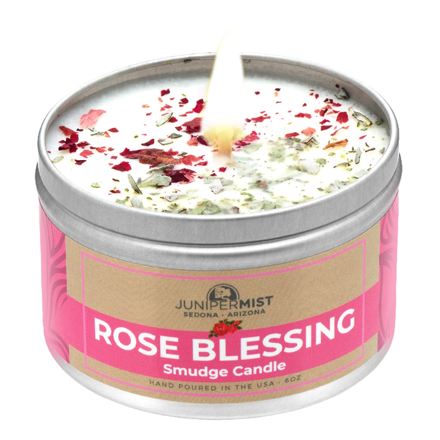 JUNIPERMIST Rose Smudge Candle (6 Oz) - for Meditation & Cleansing Negative Energy - Made in USA with Soy Wax, Essential Oils, Real Sage - Smokeless Alternative to Sage Smudge Sticks