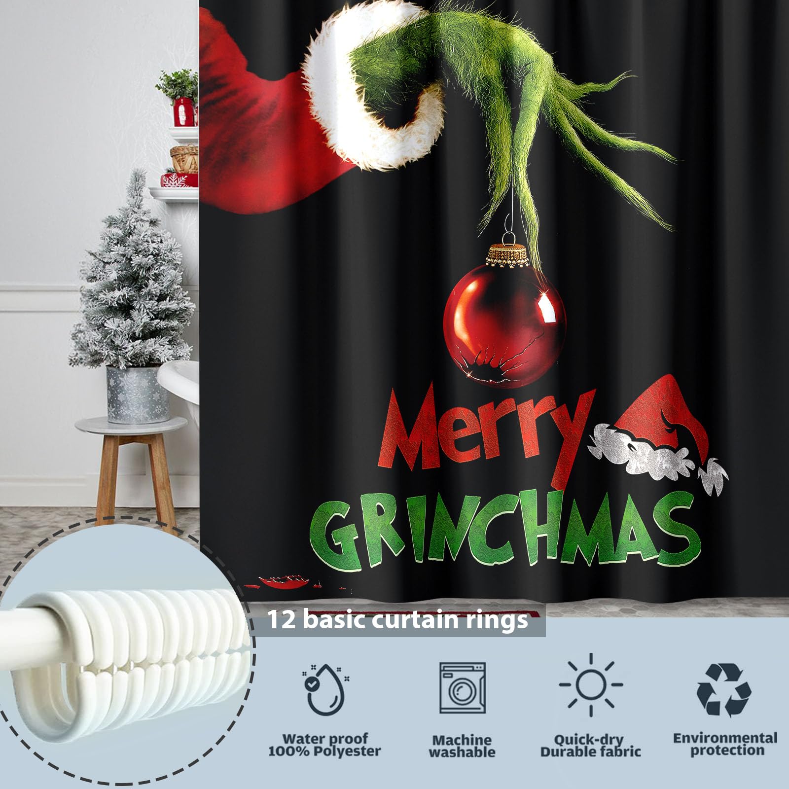 Seasonwood Christmas Shower Curtain Xmas Winter Holiday Shower Curtains Winter New Year Xmas Holiday Bath Decor Waterproof Fabric Machine Washable with 12 Hooks