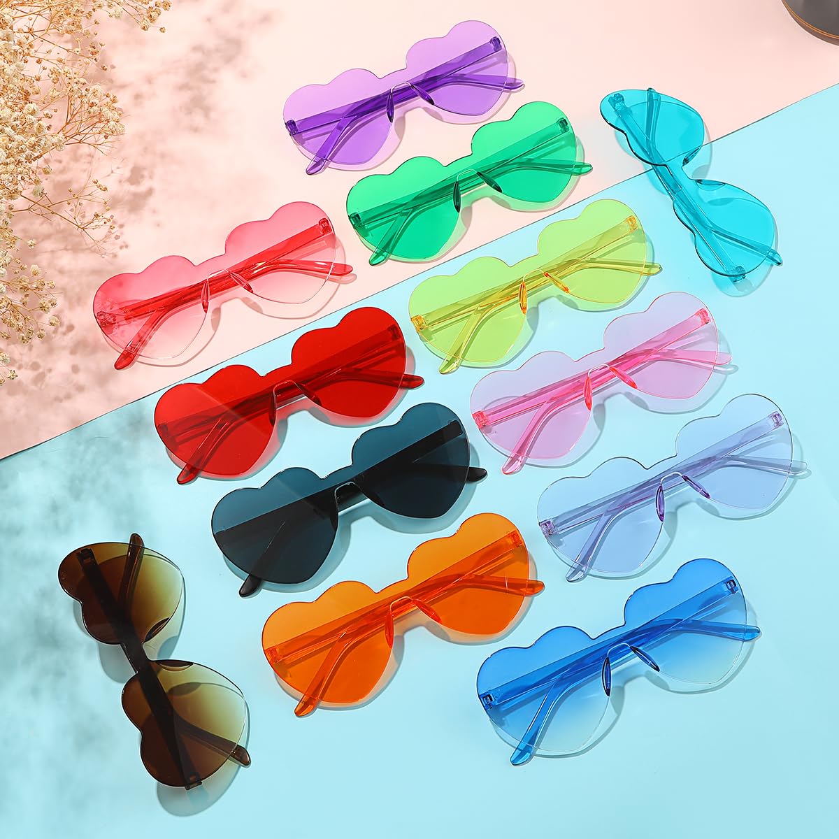 Colrea 12 Pairs Heart Sunglasses for Women Men, Trendy Heart Shaped Rimless Transparent Sunglasses, Colorful Frameeless Heart Glasses, Bachelorette Party Favors