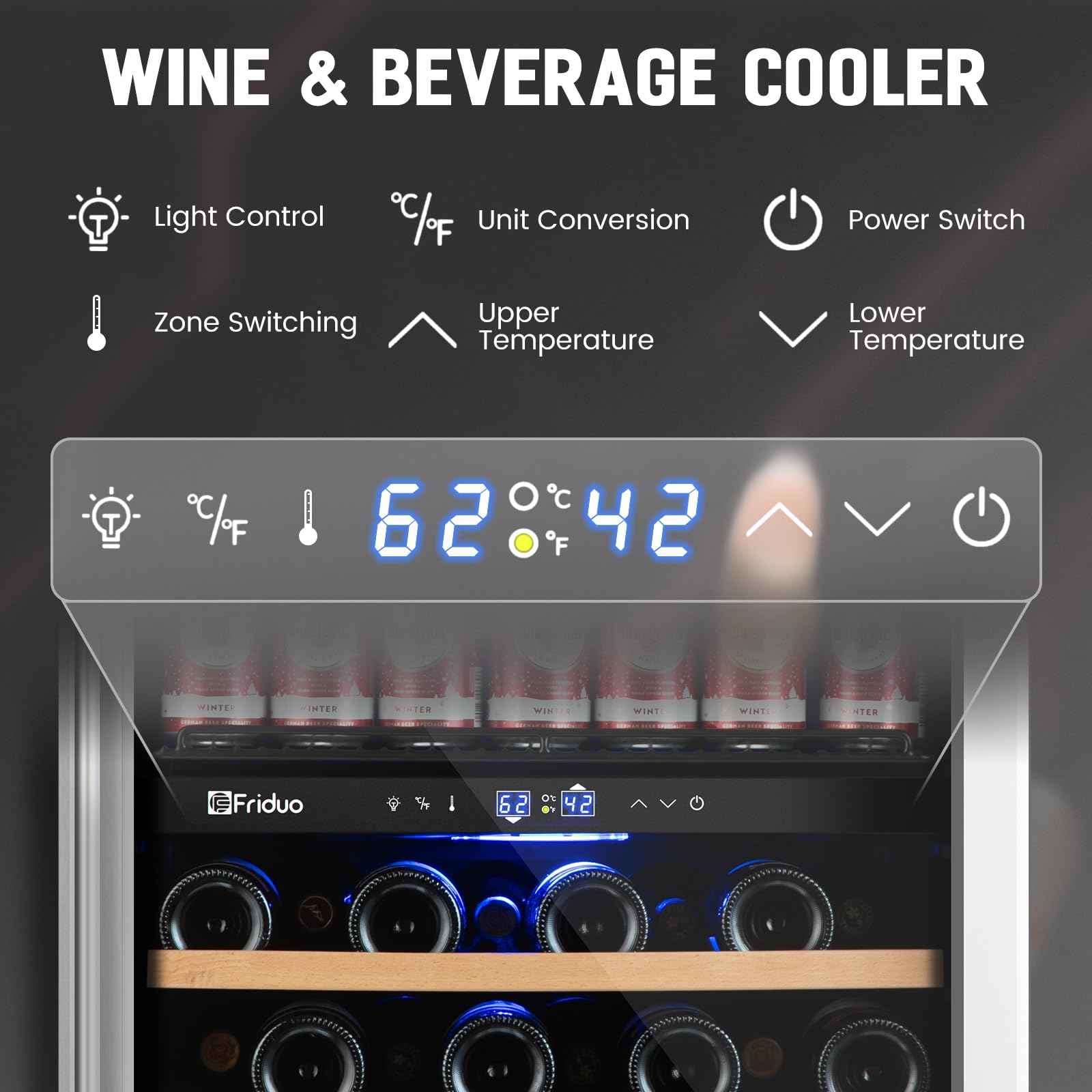 Friduo 24 inch Wine Beverage Refrigerator, Dual Zone Freestanding 30 Bottles and 82 Cans Wine Cooler Fridge with Low Noise Compressor Adjustable Shelves Cellar for Red, White or Champagne