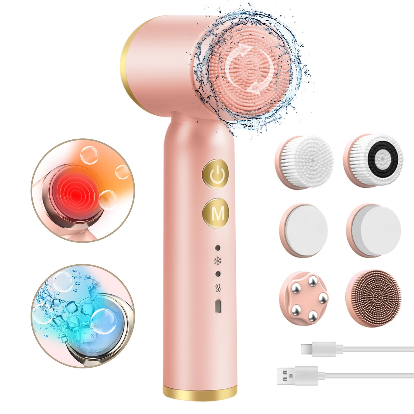 Landmore Facial Cleansing Brush, 8 in 1 Spin Face Wash Brush Rechargable Waterproof Face Scrubber with 6 Brush Heads, 3 Speeds for Deep Cleansing, Exfoliator, Thermal & Cold Massager Skin Care, Pink