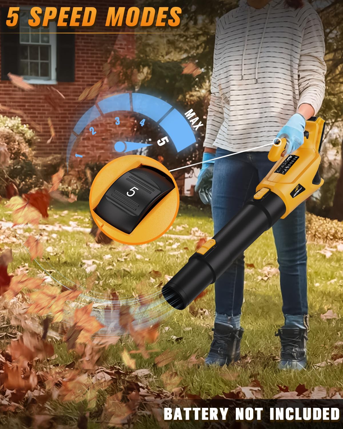 HEINPRO Cordless Leaf Blower Up to 500CFM Compatible with DEWALT 20V Max Battery (No Battery), Electric Leaf Blower Cordless with 5 Speed Modes, Battery Powered Leaf Blowers for Lawn Care, Yard