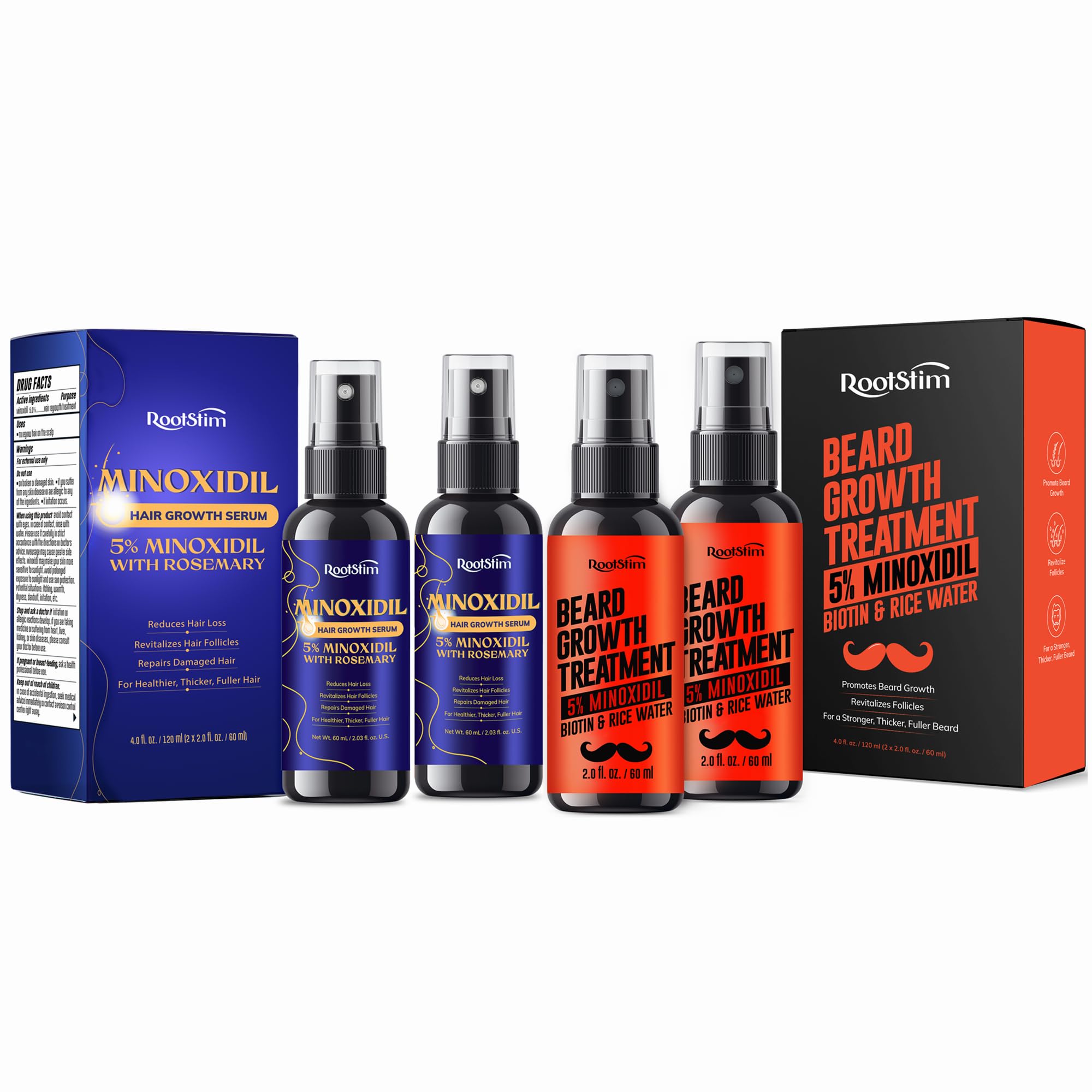 Hair and Beard Growth Bundle for Men and Women – 2-Pack Extra Strength Hair Growth Serum with Rosemary for Thicker Fuller Hair + 2-Pack Beard Growth Spray with Biotin & Rice Water for Stronger Faster