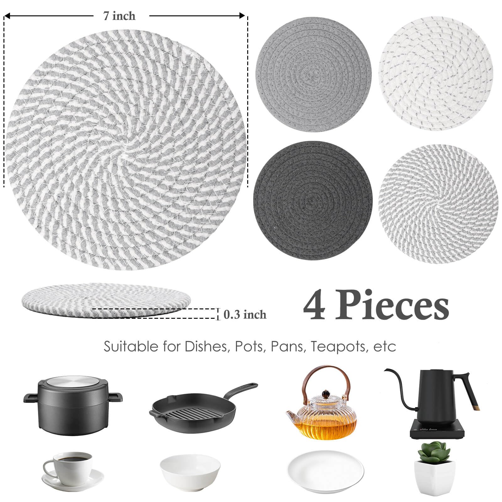 Billbotk 7" Trivets for Hot Dishes, Hot pots and Pans, 4 Heat Resistant Hot Pads, Pot Holders for Kitchen, Hot Plate Mats for Kitchen Countertops, Table, Home Essentials, Farmhouse Decor