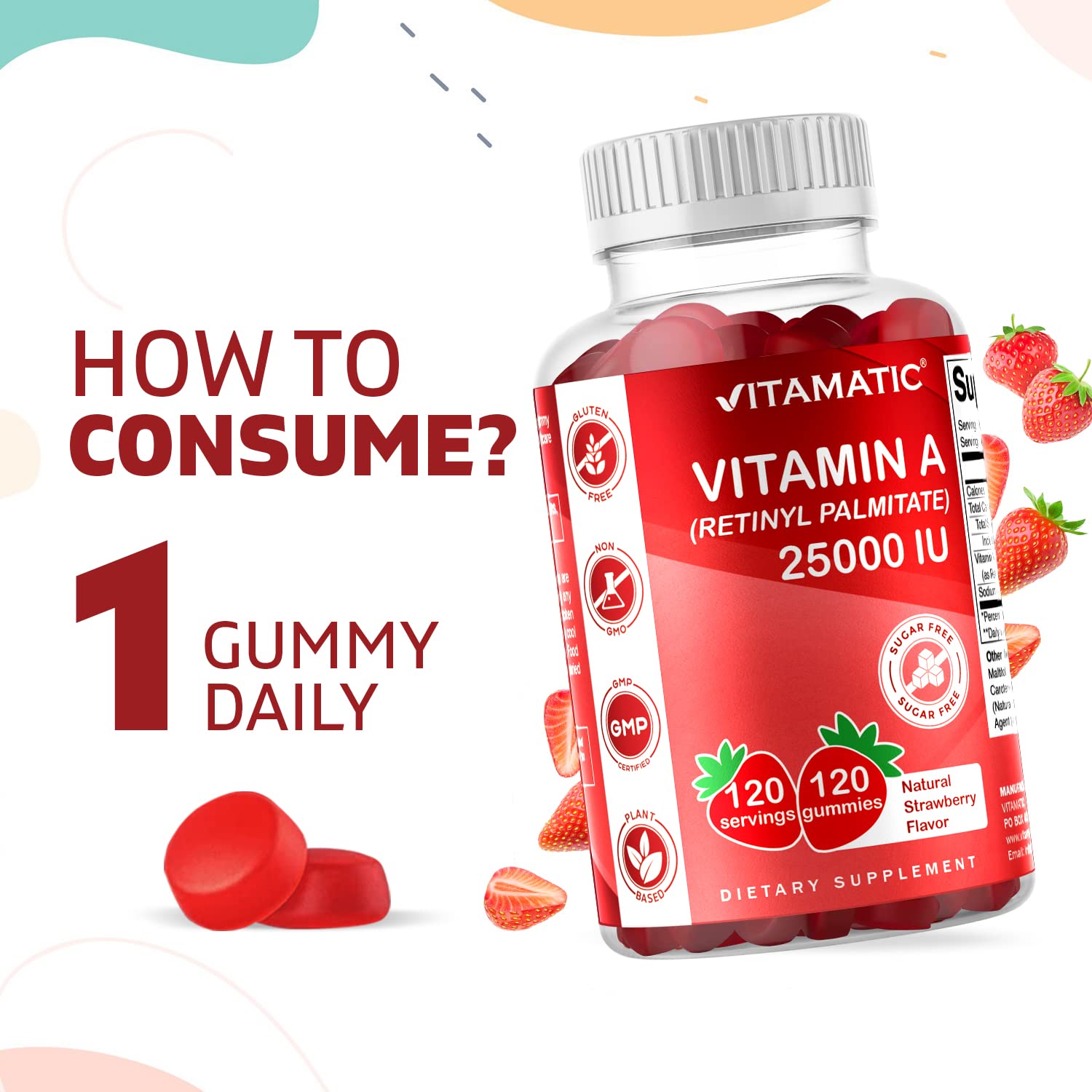 Vitamatic Sugar Free Vitamin A 25000 IU Gummies (Retinyl Palmitate) - Natural Strawberry Flavor - 120 Pectin Based Gummies (1 Bottle)