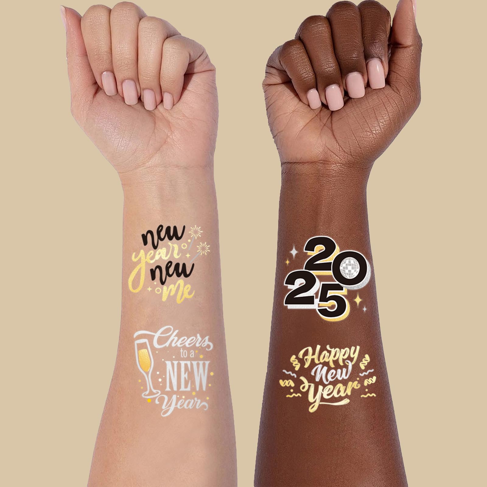 AOYOO New Years Eve Party Supplies 2025 Temporary Tattoos - 40 Glitter Styles, Black and Metallic Gold Tattoos, NYE Party Favors, Happy New Year Decorations, NYE 2025 Decor