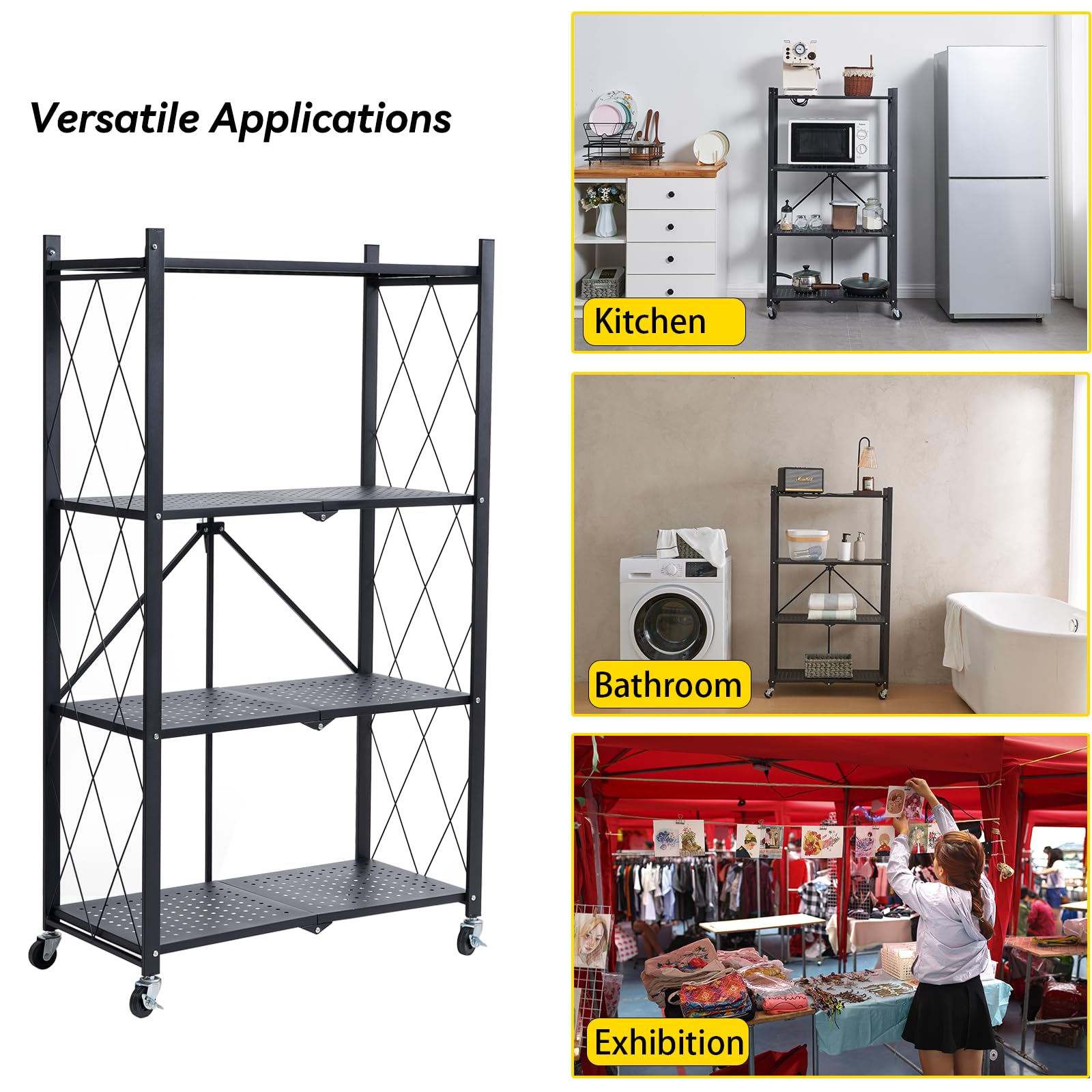 BRIAN & DANY Metal Storage Shelves - 4 Tier Shelving Unit, Folding Display Shelf Racks No Assembly for Vendors and Craft Shows, Black (2Pcs)