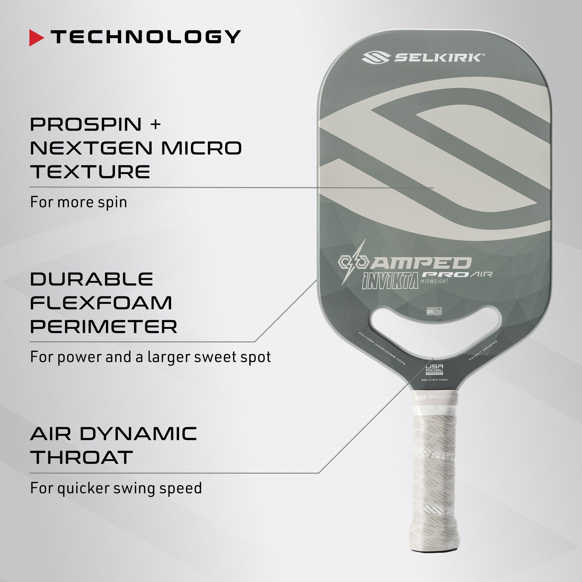 2024 Selkirk Amped Pro Air Pickleball Paddle | Fiberglass Pickleball Paddle with a Polypropylene X5+ 16mm Core | Throatflex | Flex Foam | Pickleball Rackets Made in The USA | Invikta Silver