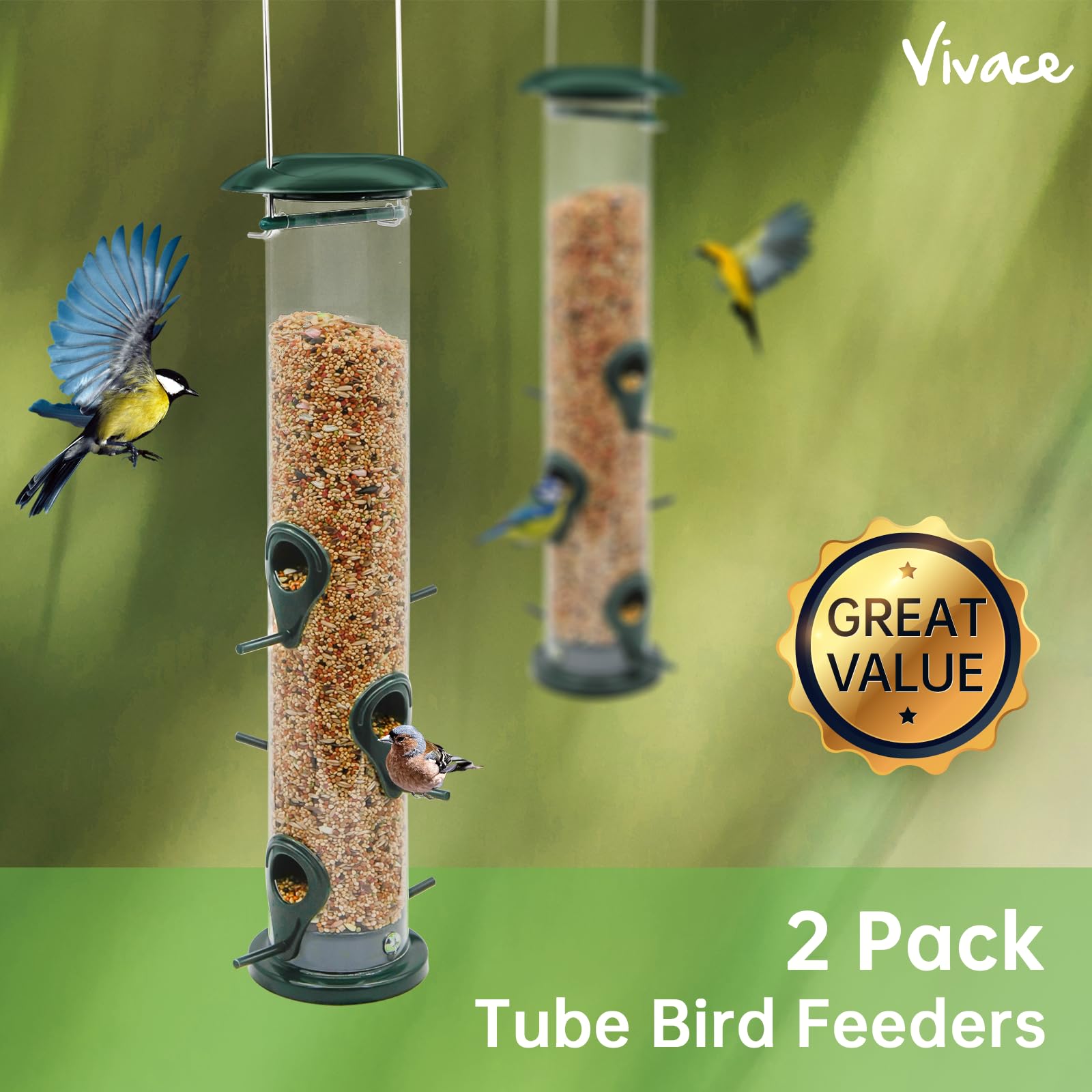 Vivace Bird Feeder, 2 Pack Classic Tube Bird Feeders for Outdoors Hanging Bird Feeder with 6 Feeding Ports, 2LB Seed Capacity Wild Bird Feeders, 14Inches，Premium