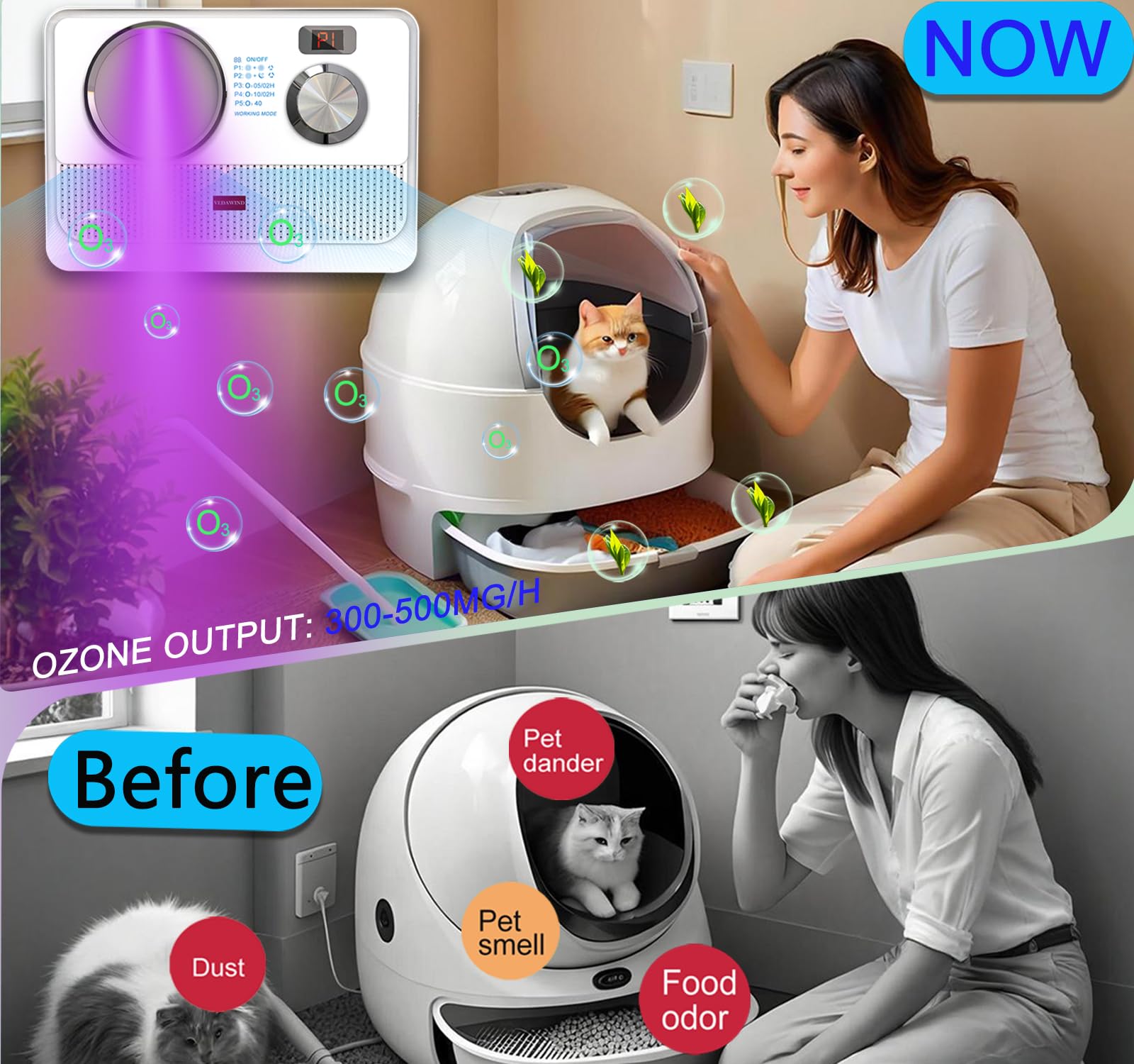 Vedawind 3-in-1 Ionic Air Purifier, Cat Litter Deodorizer, Air Freshener for Home with Ozone Generator, Ionizer, U Light – Reduce Pets Poof Odor, Litter Smell, Smoke, Dust,Plug-in to Use