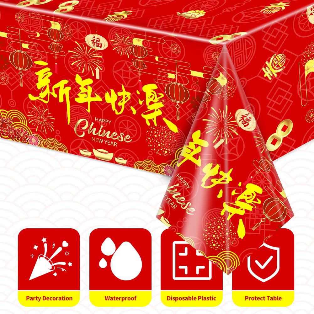 Labeol Chinese New Year Decorations 2025, 3 PCS Chinese New Year Tablecloth, 54"x108" Disposable Plastic Rectangle Happy Chinese New Year Table Cover for Chinese Spring Festival Party Decorations