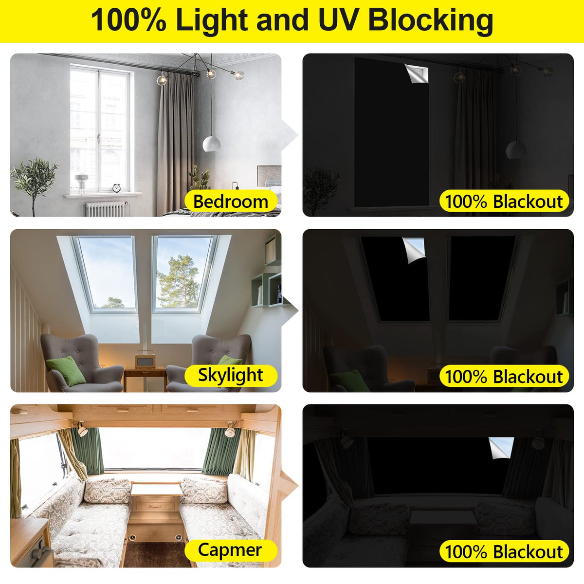 FADOTY 100% Blackout Blinds 118" x 57" Travel Blackout Window Shades Portable Blackout Window Cover for Nursery Bedroom Dorm Room, No Drill Window Privacy Film, Light & UV Block for House (2 Pack)