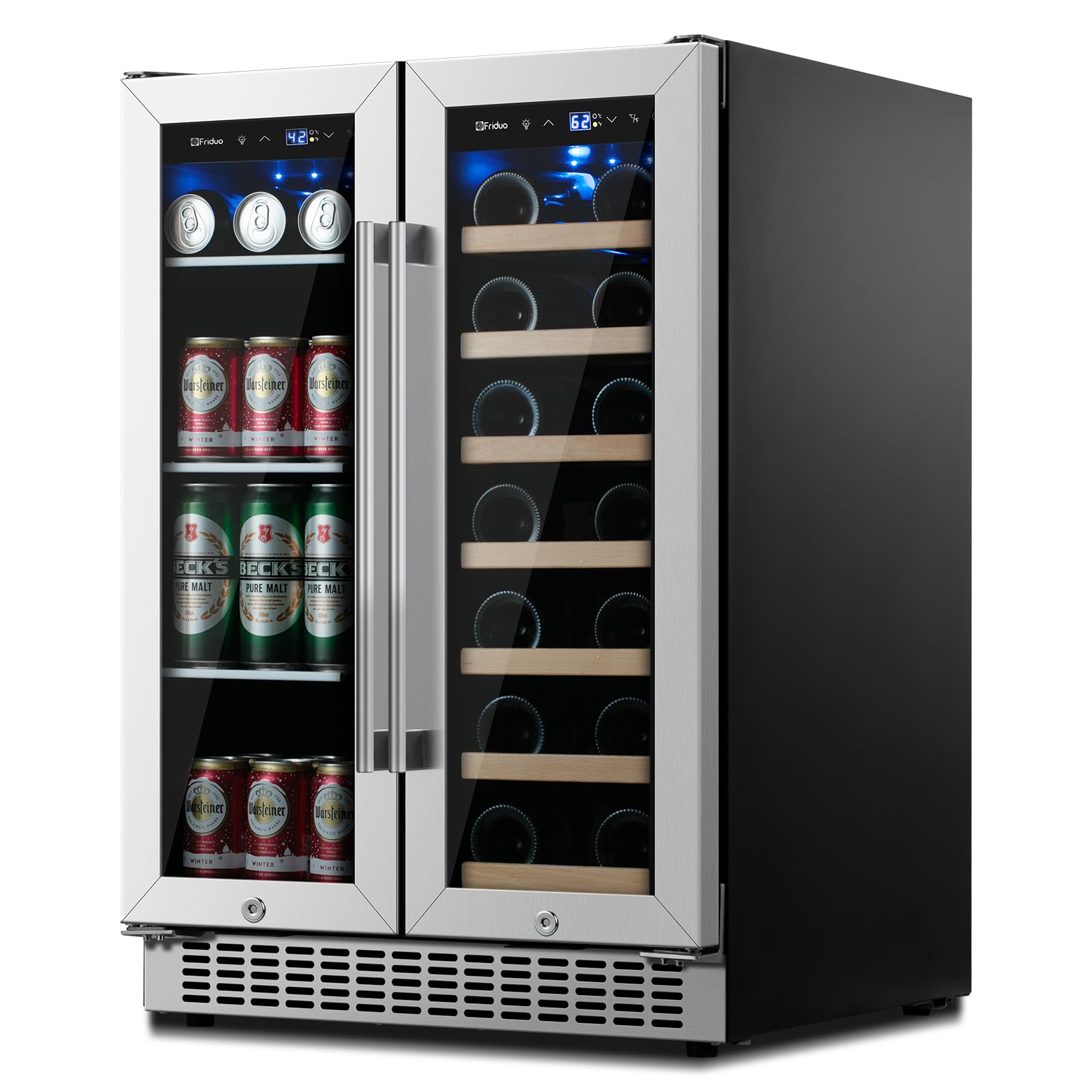 Friduo Wine and Beverage Refrigerator 24 inch, Dual Zone Wine Cooler Under Counter Lockable 20 Bottles and 88 Cans Fridge Built in Freestanding for Beer Soda Drink Bar Kitchen Cabinet Commercial