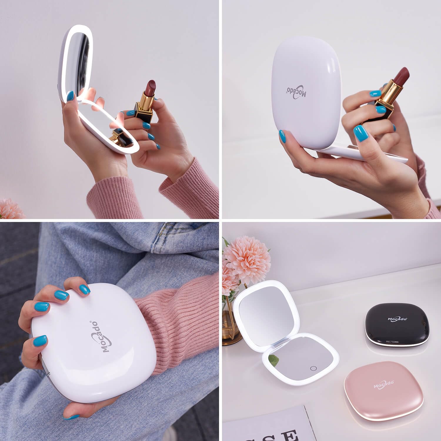 Compact LED Magnifying Travel Makeup-Mirror - 4 inches 1X/10X Magnification Small Hand Pocket Dimmable Double Sided USB Rechargeable Touch Screen, Portable Tabletop Cosmetic (White)