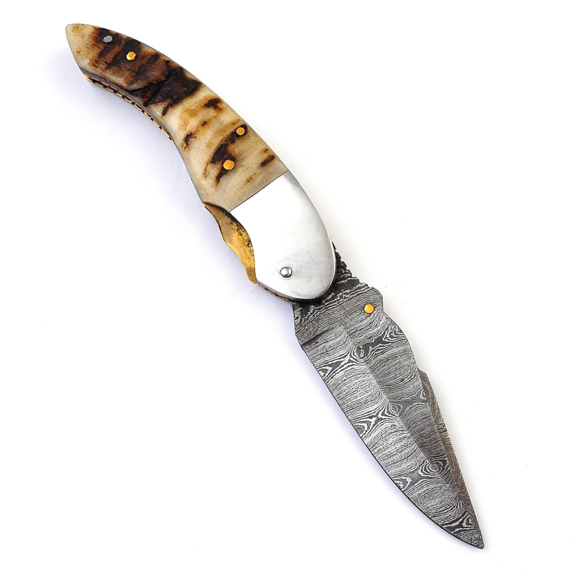 SharpWorld Custom Damascus Pocket Knife Ideal For Camping w/Leather Sheath TJ123