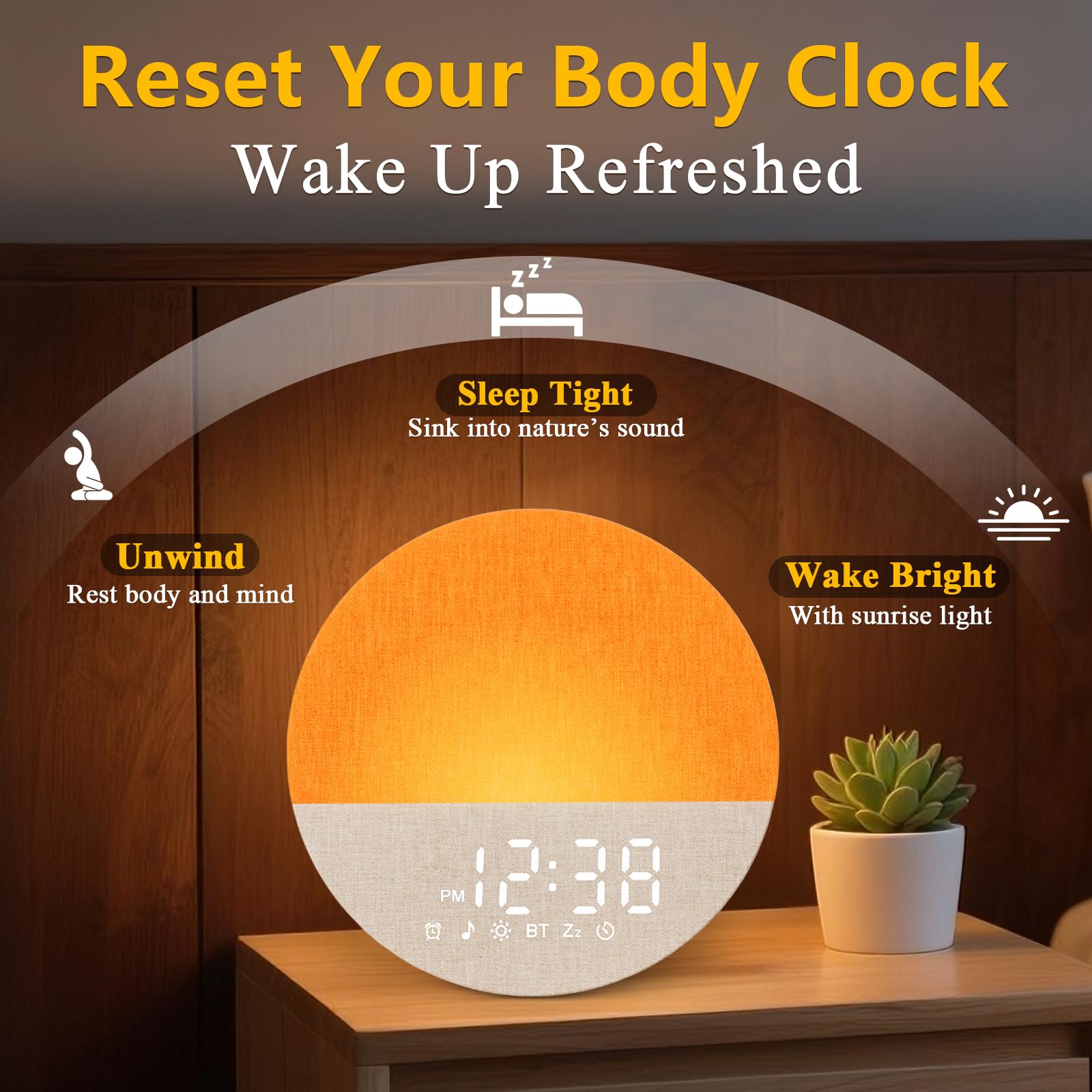 Sunrise Alarm Clock with Sound Machine: Gentle Gradual Wake Up Light for Heavy Sleepers Relieve Anxiety Dimmable Clock with Bluetooth Memory for Bedroom - White Noise Machine with 30 Sleep Sounds