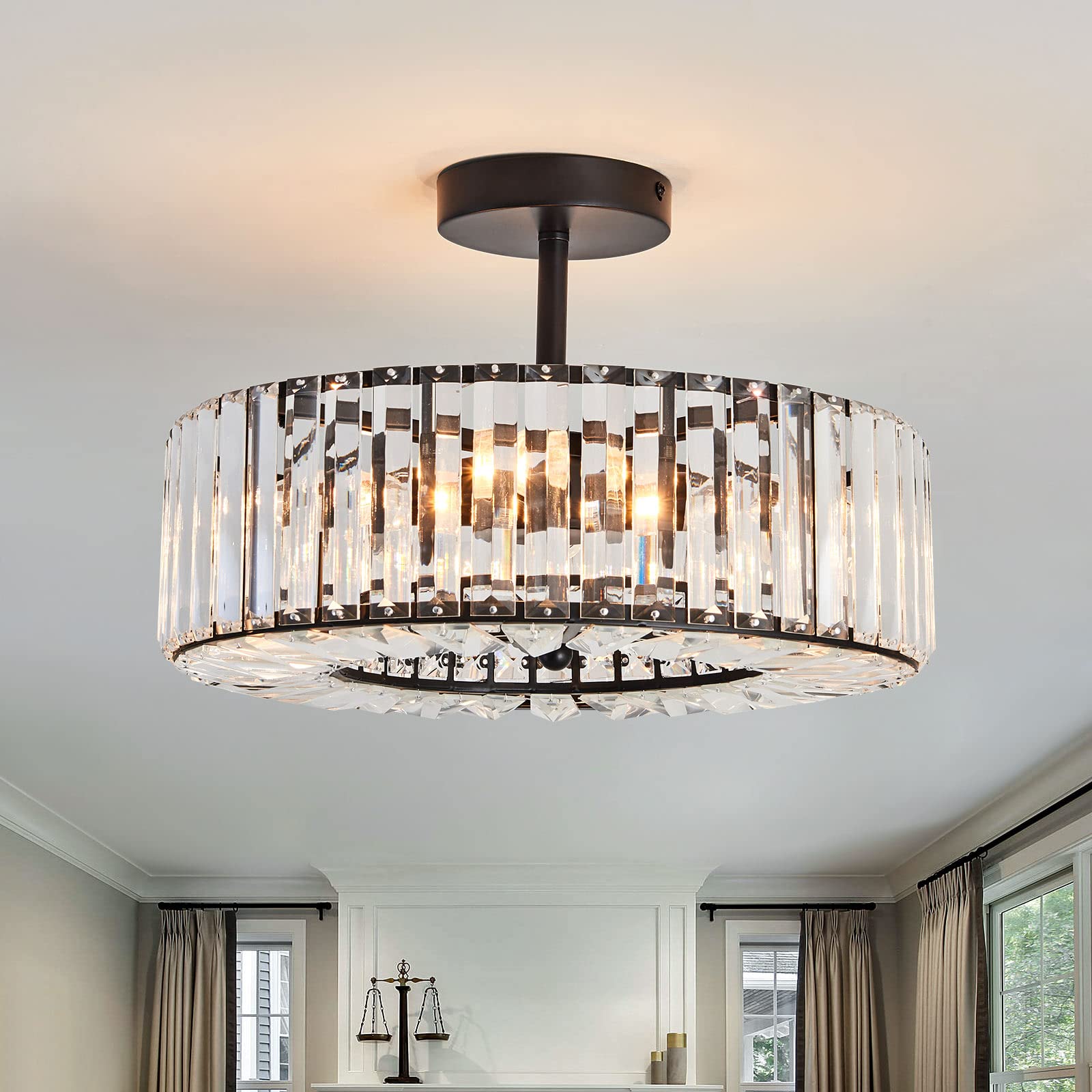 Piepooye 4 Lights Modern Crystal Chandelier Black Round Semi Flush Mount Ceiling Light Fixture Farmhouse Chandelier for Dinning Room Living Room Bedroom Hallway Entryway Kitchen