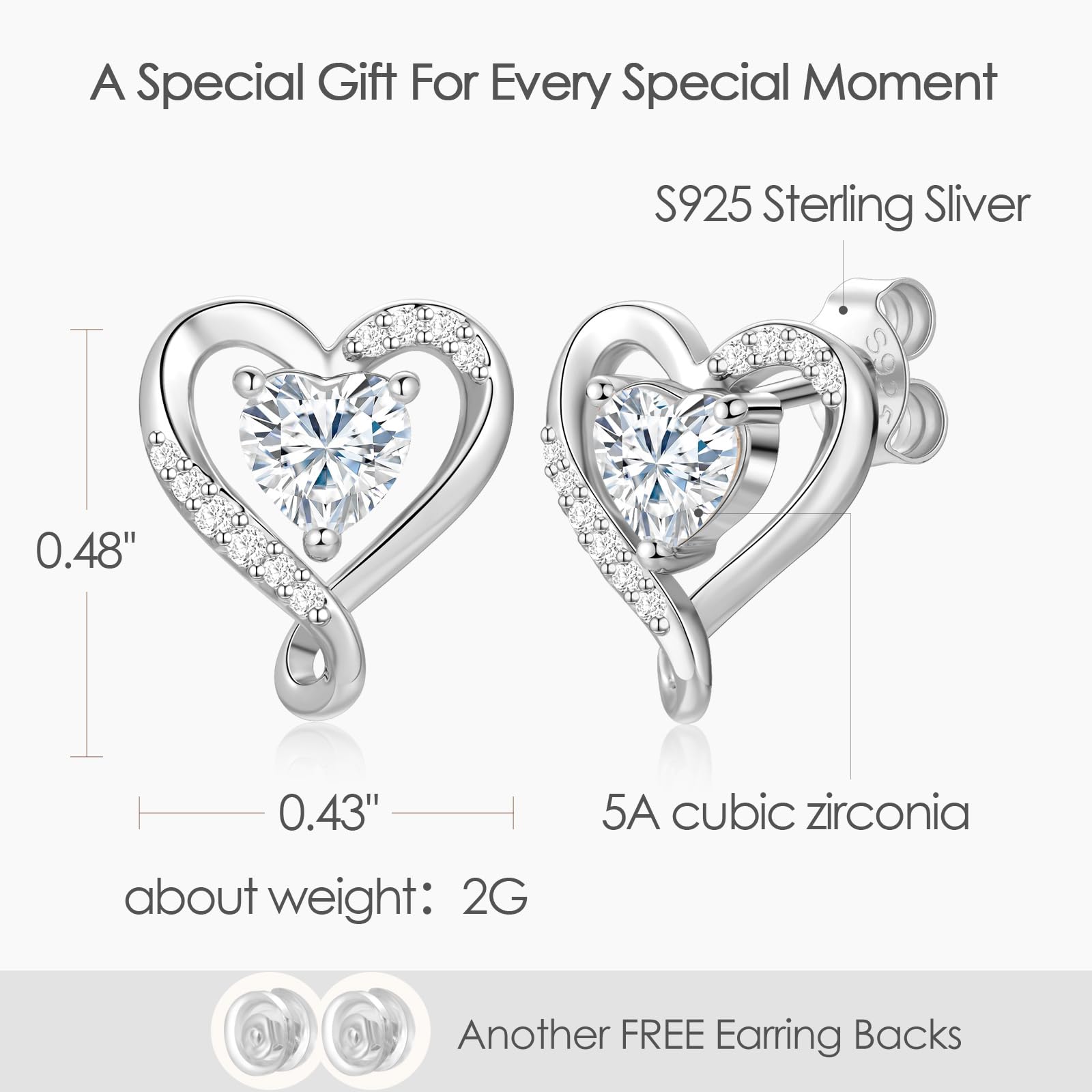 Zifeel Heart Studs Earrings for Women - 925 Sterling Silver Birthstone Earrings for Girlfriend Daughter - Anniversary Birthday Christmas Valentines Day Mother’s Day Jewelry Gifts for Women Wife Her Girls Mom