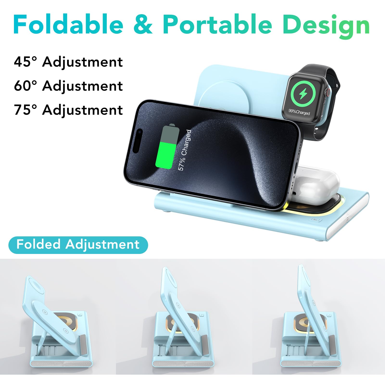 3 in 1 Foldable Charging Station for Apple Products,Fast Wireless Charger Travel Dock Adapter&Light for iPhone 16/15/14/13/12/11/X/XS,for iWatch 10/9/8/7/Ultra2/Ultra/SE,for AirPods 4/3/2/Pro/2(Blue)