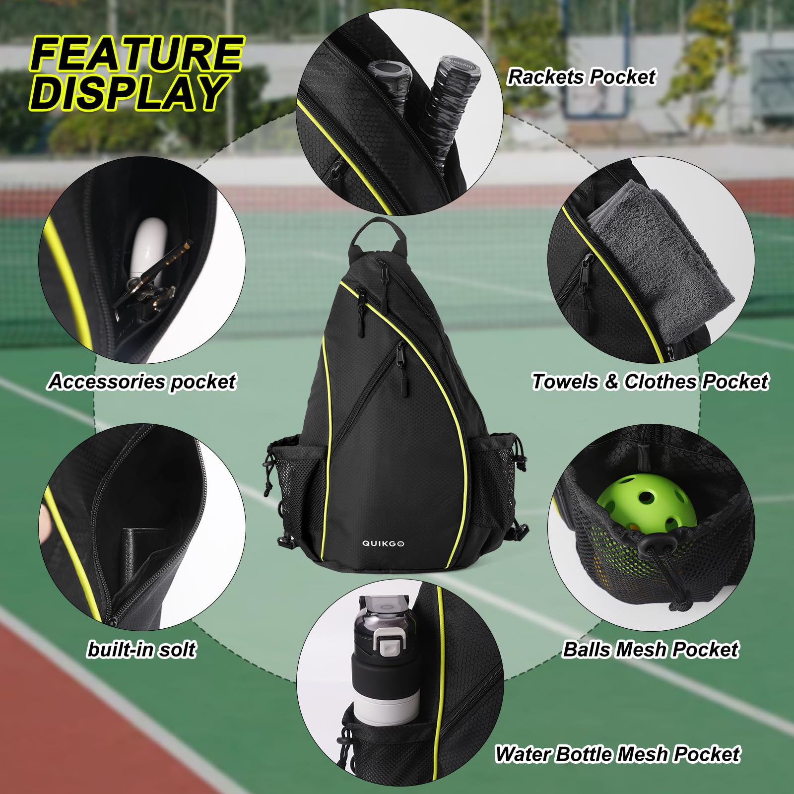 QUIKGO Pickleball Bag for Women & Men, Adjustable Reversible Sling Bags with Fence Hook, Protable Pickle Ball Paddle Backpack, Pickleball Accessories