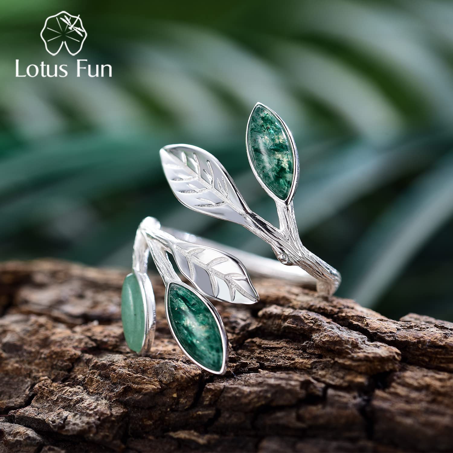 Lotus Fun S925 Sterling Silver Marquise Shape Jade Aventurine Open Leaf Ring Olive Leaf Ring Handmade Jewelry Unique Gifts for Women Mother Mom Wife